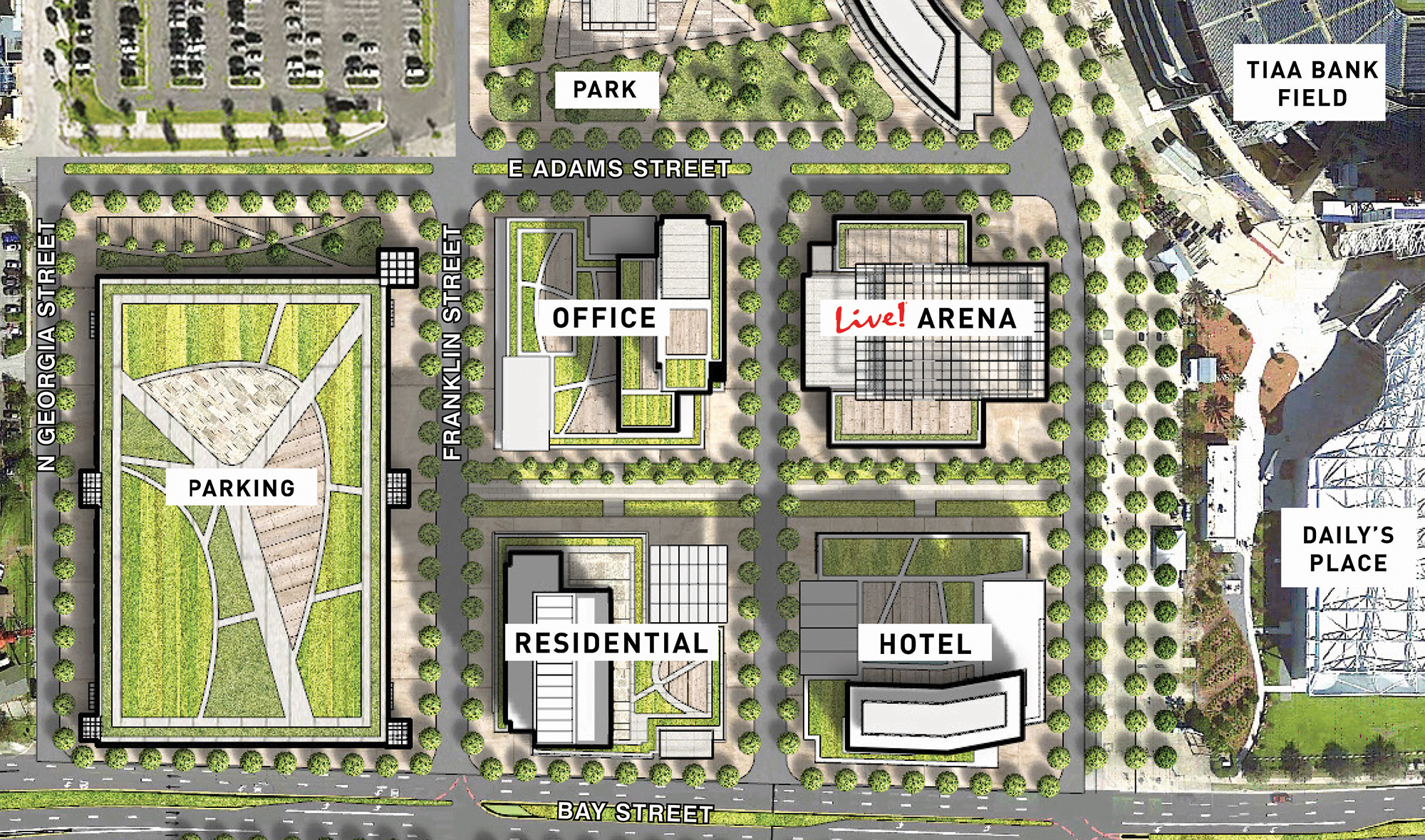 A map of the Lot J site west of TIAA Bank Field and Daily’s Place.