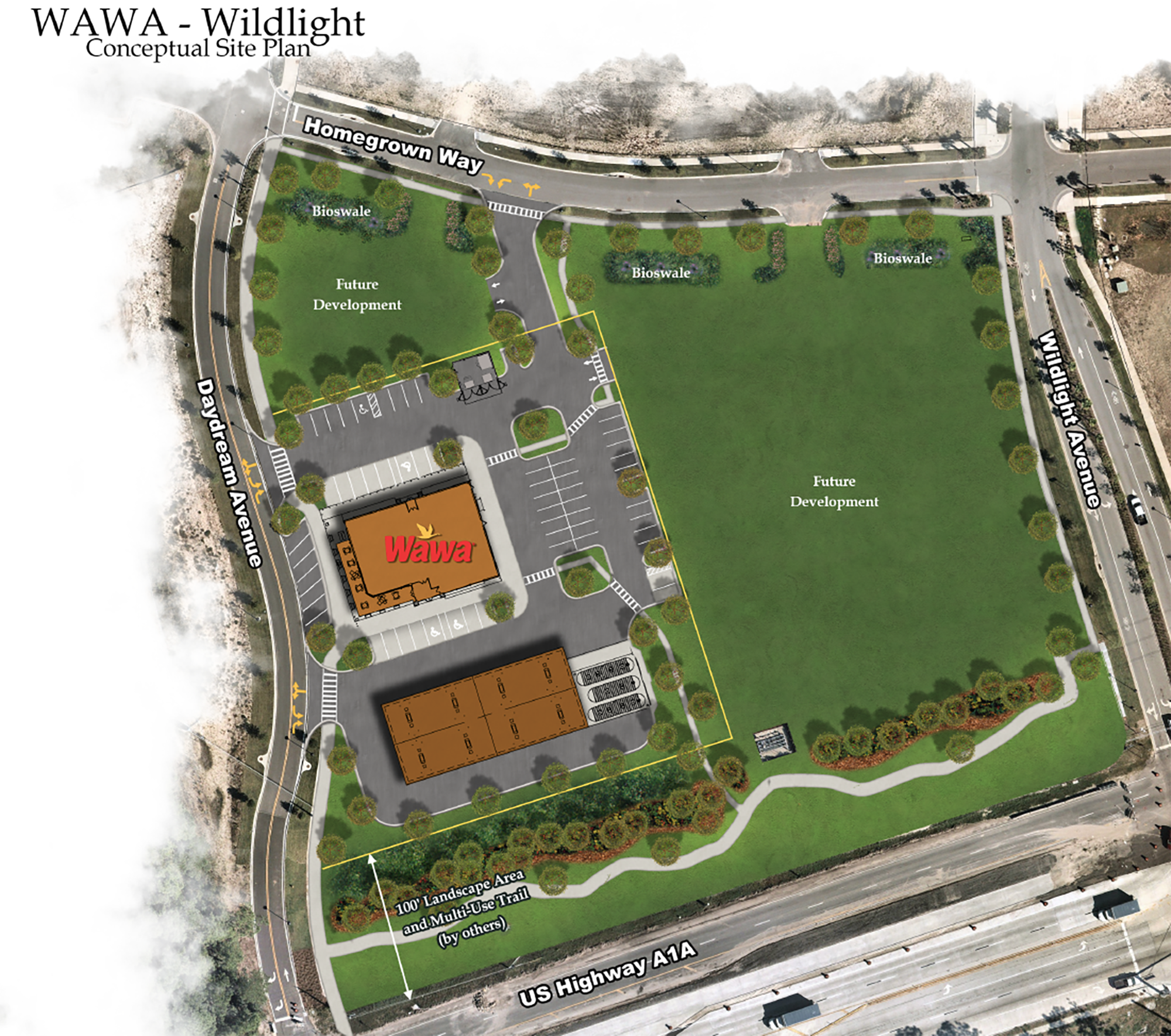 The conceptual site plan for the Wildlight Wawa.