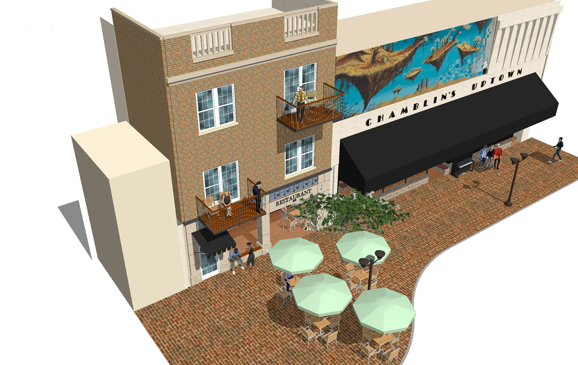 A rendering of the apartments and cafe.