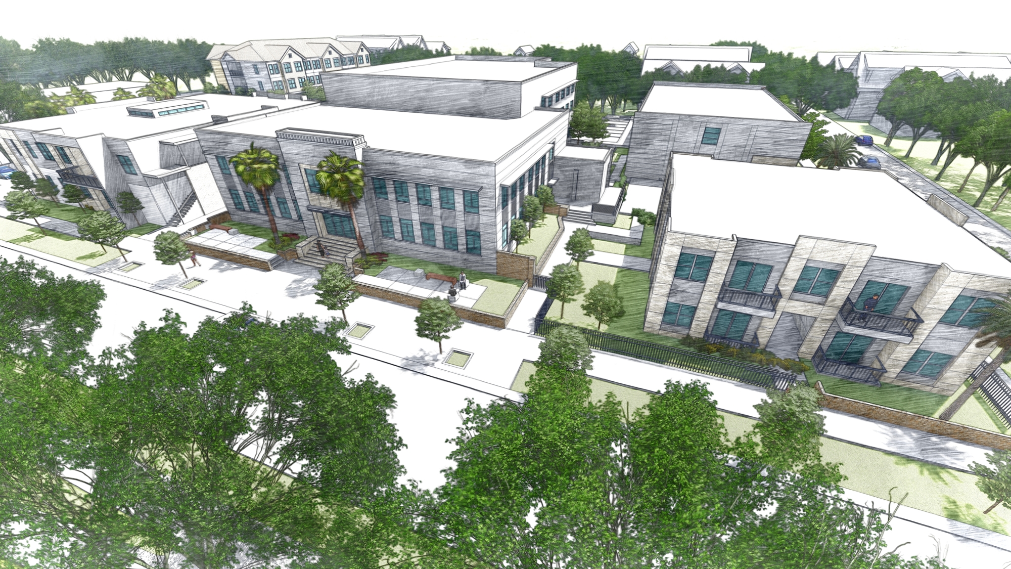 Conceptual renderings of the redeveloped former Jacksonville Jewish Center in Springfield. GNP Development Partners LLC proposes 78 market-rate apartments and 8,000 square feet of commercial space.