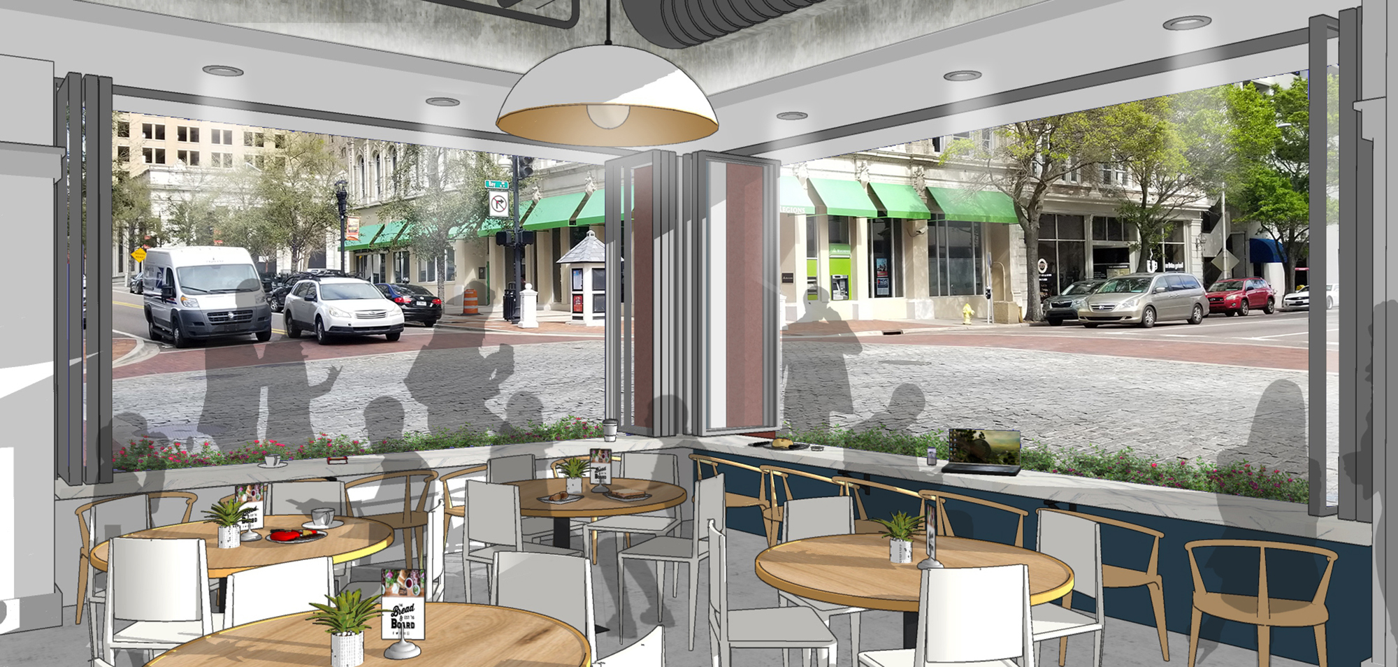 Renderings of Bread & Board Provisions, proposed on the ground floor of 100 W. Bay St.