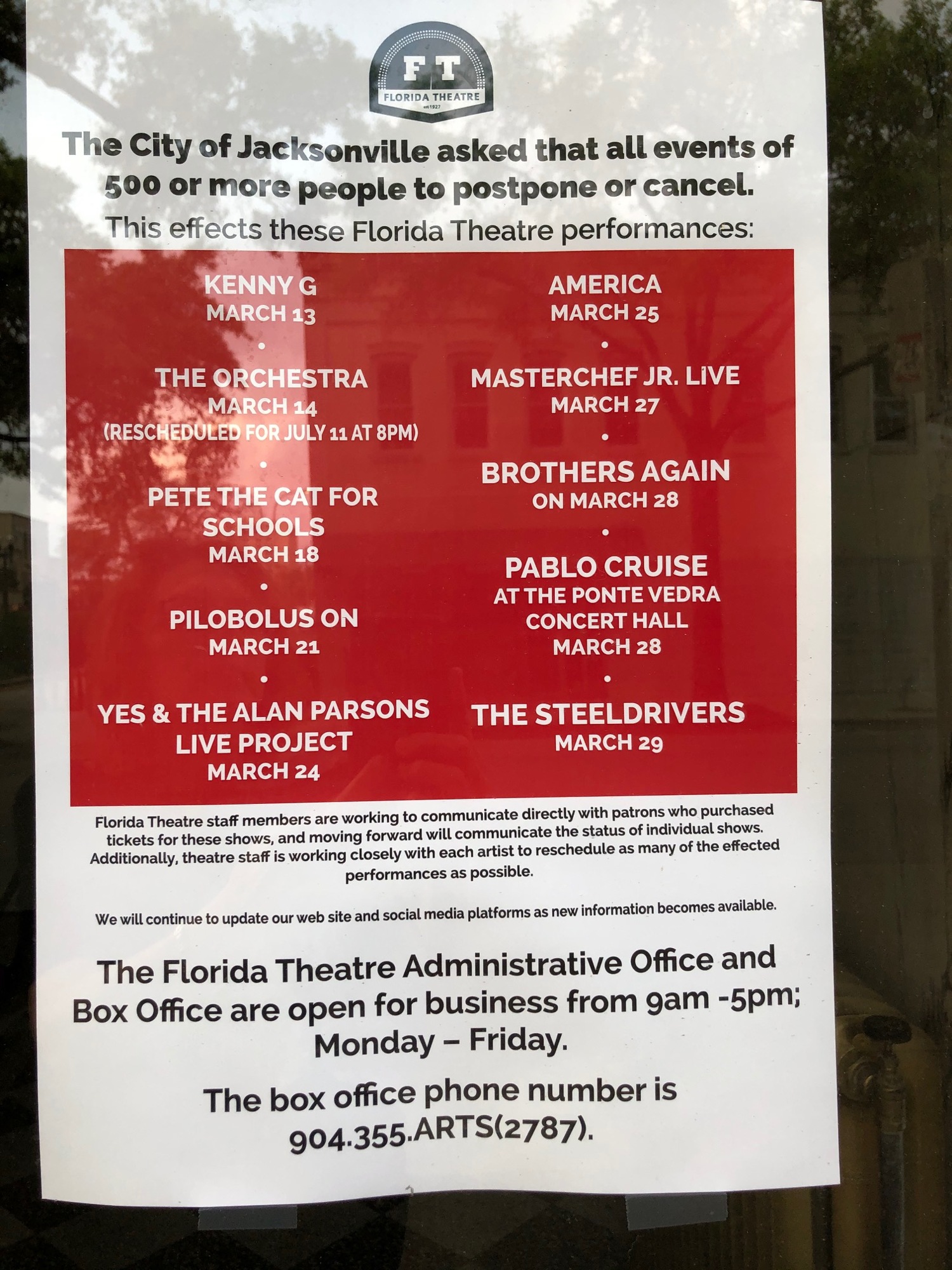 A poster shows the canceled shows at the Florida Theatre.