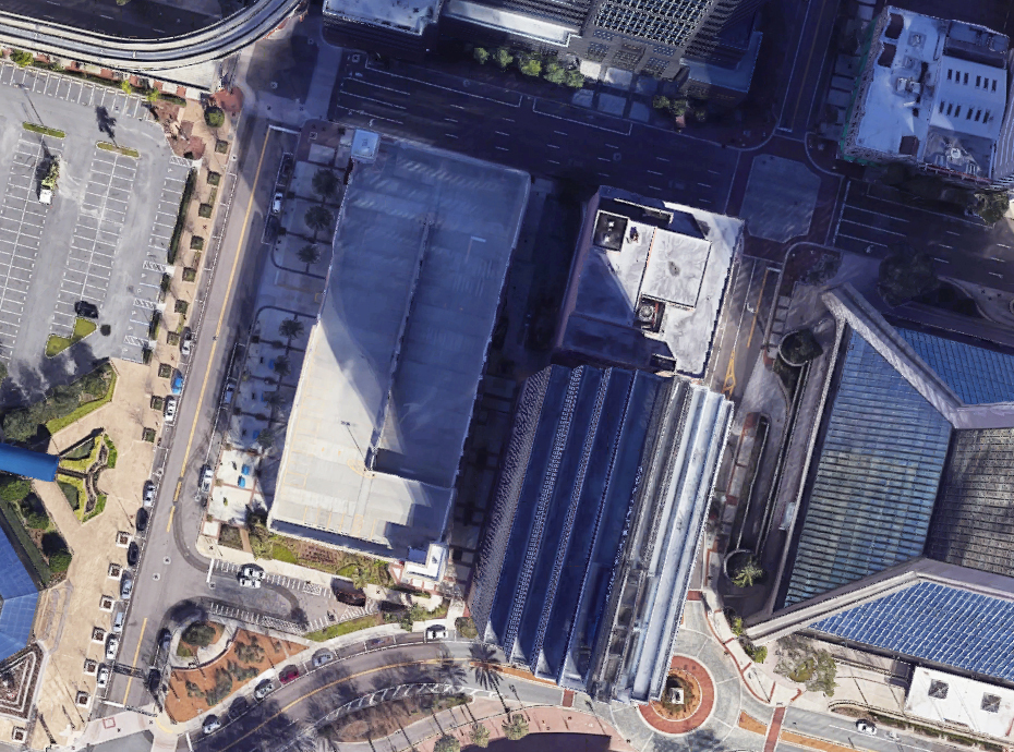 A satellite view of the breezeway project area between the VyStar Tower, the 100 W. Bay St. building and the parking garage. (Google)