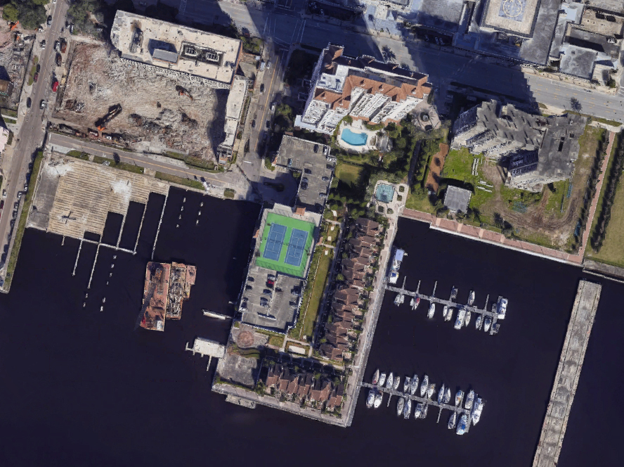 A satellite image of the area where the parcels of land were purchased. The site to the west of The Plaza Condominiums at Berkman Plaza is The Ford on Bay development site. (Google)