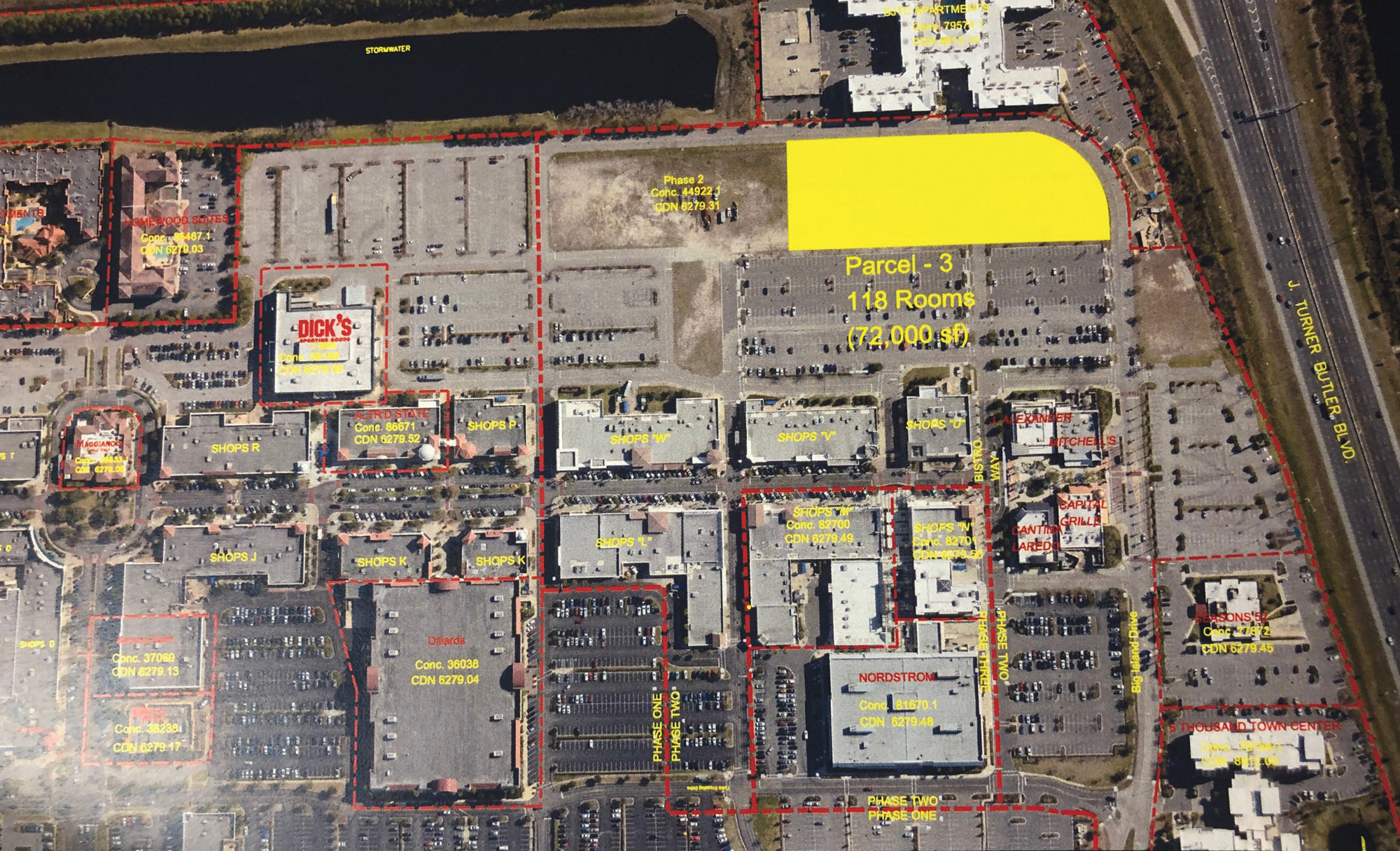 The AC Hotel site, Parcel 3, is along Big Island Drive, east of the southern end of St. Johns Town Center anchored by J. Alexander's and Tesla.