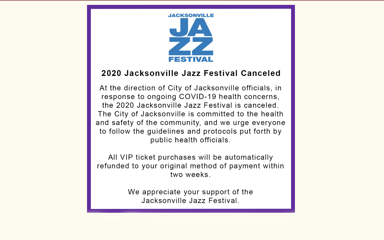 The notification on the Jacksonville Jazz Festival website.