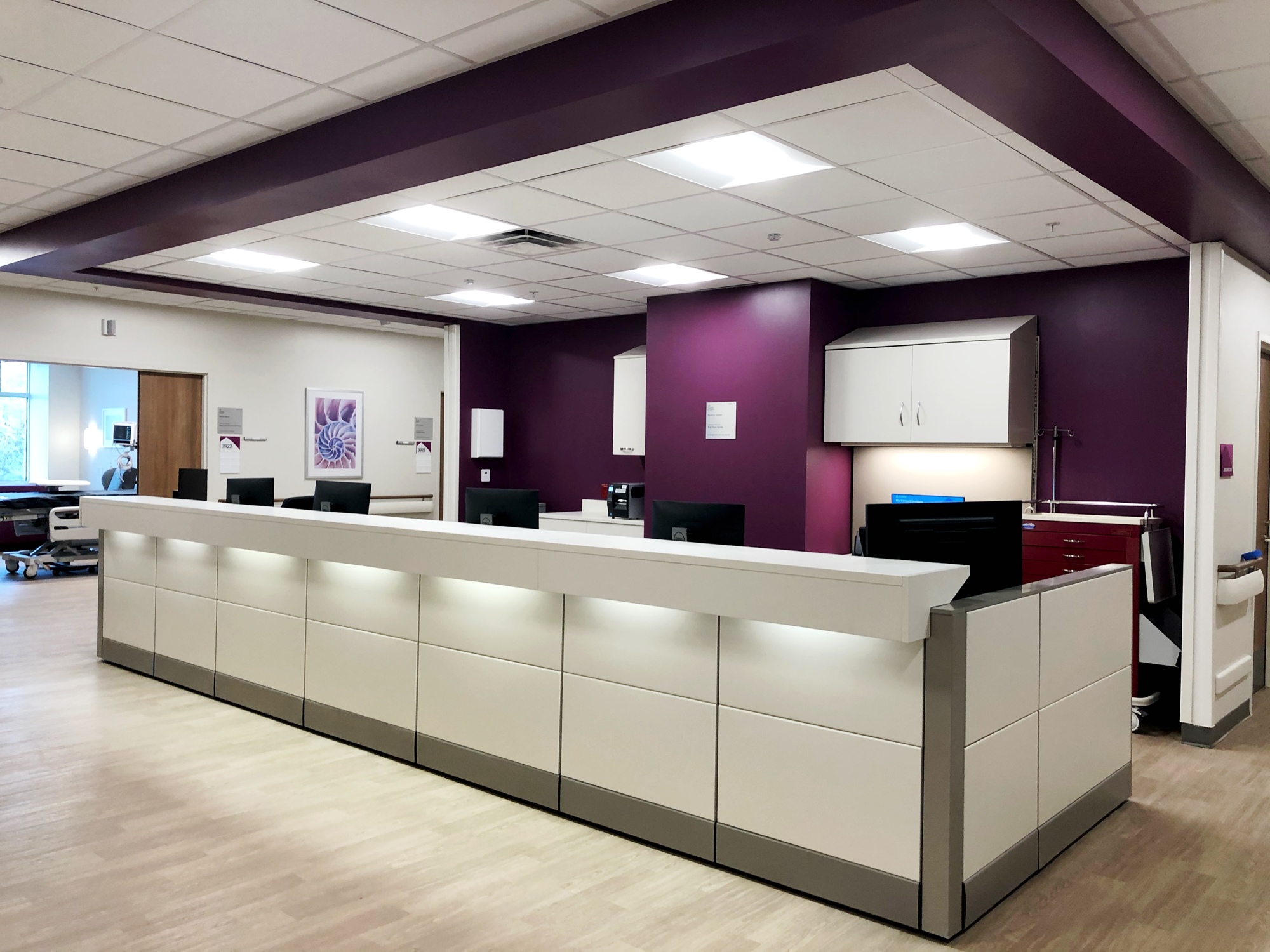 The reception desk inside the Delores Barr Weaver Heart and Vascular Pavilion.