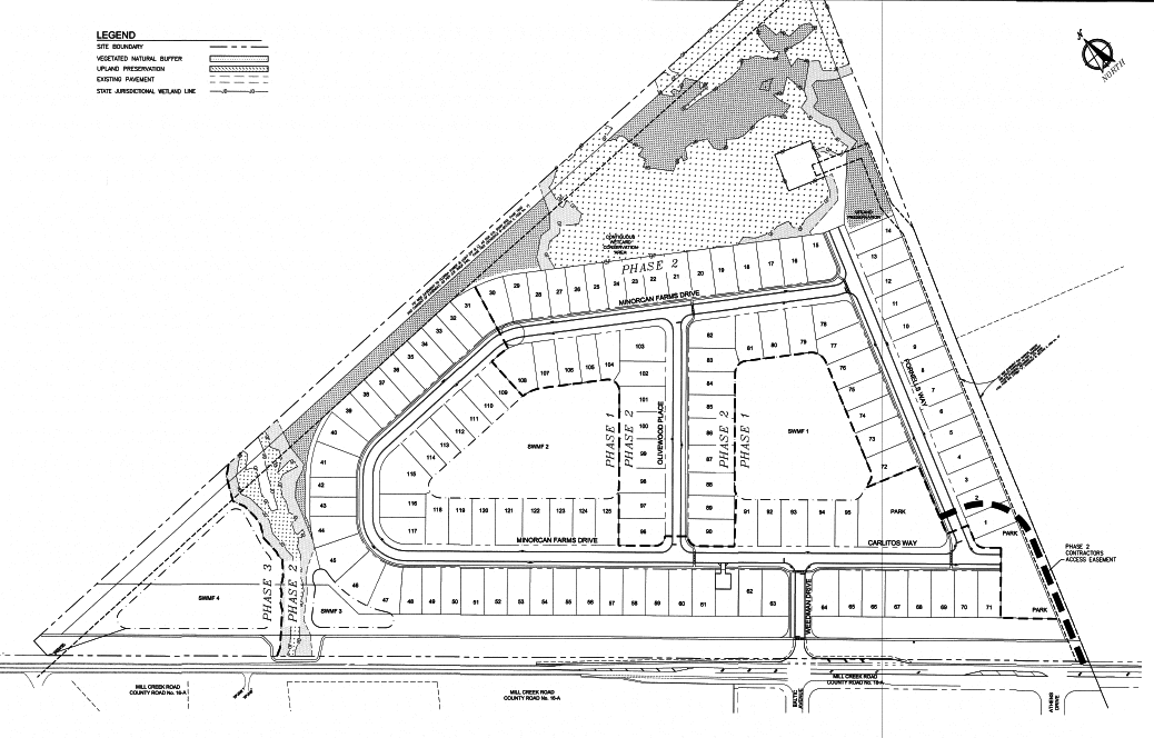 A site plan for the Minorcan Mill subdivision in northwest St. Johns County.
