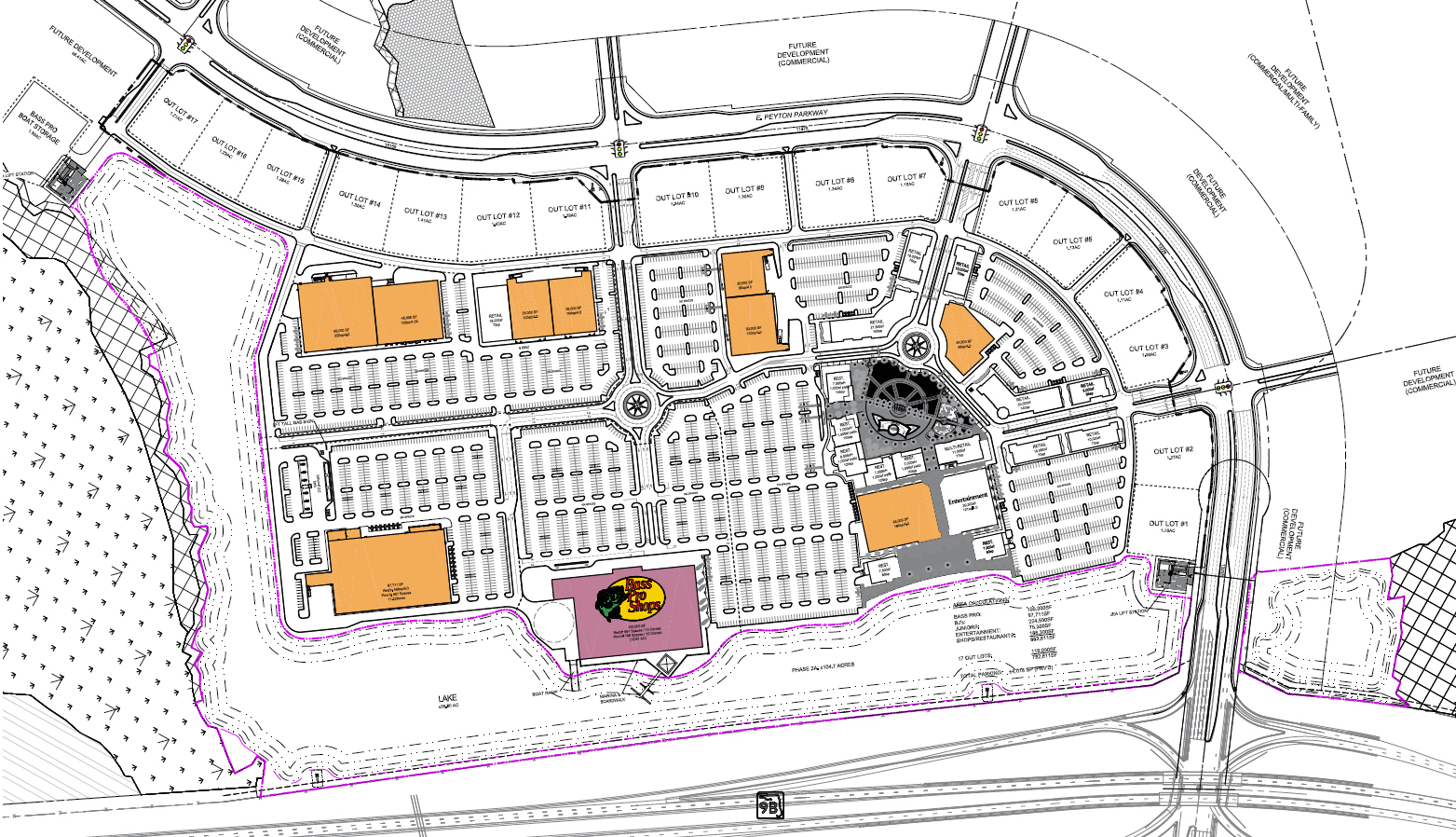 A conceptual map of Durbin Park East shows Bass Pro Shops surrounded by parking and other retail spaces. The center is between Florida 9B and I-95, with a mile of frontage along I-95. It is east of The Pavilion at Durbin Park.