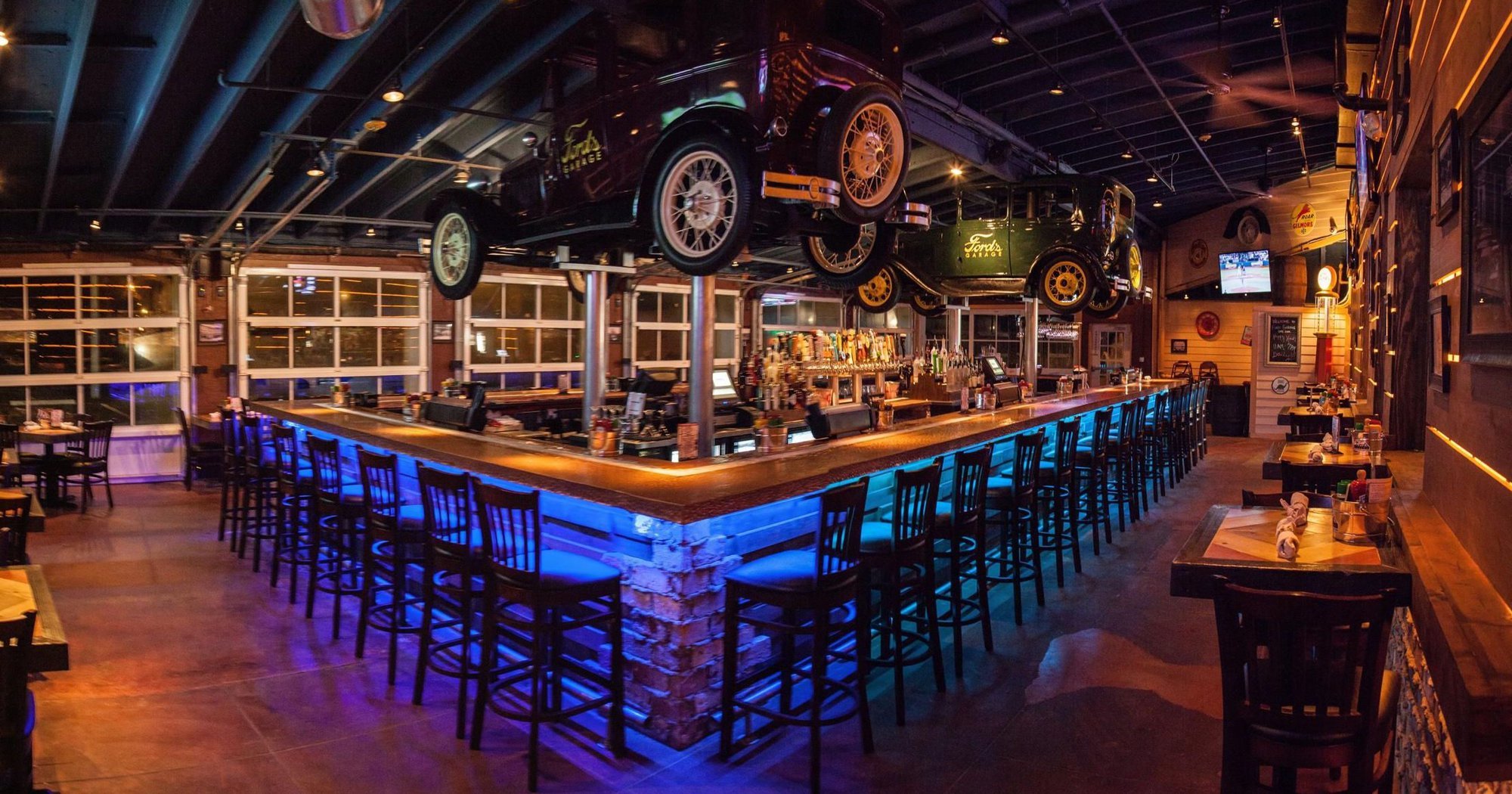 The bar area at Ford's Garage features 