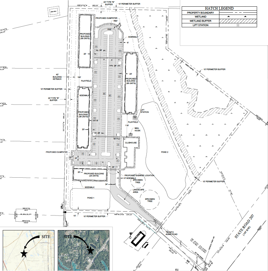 San Marcos Heights site plan for 132 apartment units, clubhouse and outdoor recreation areas.