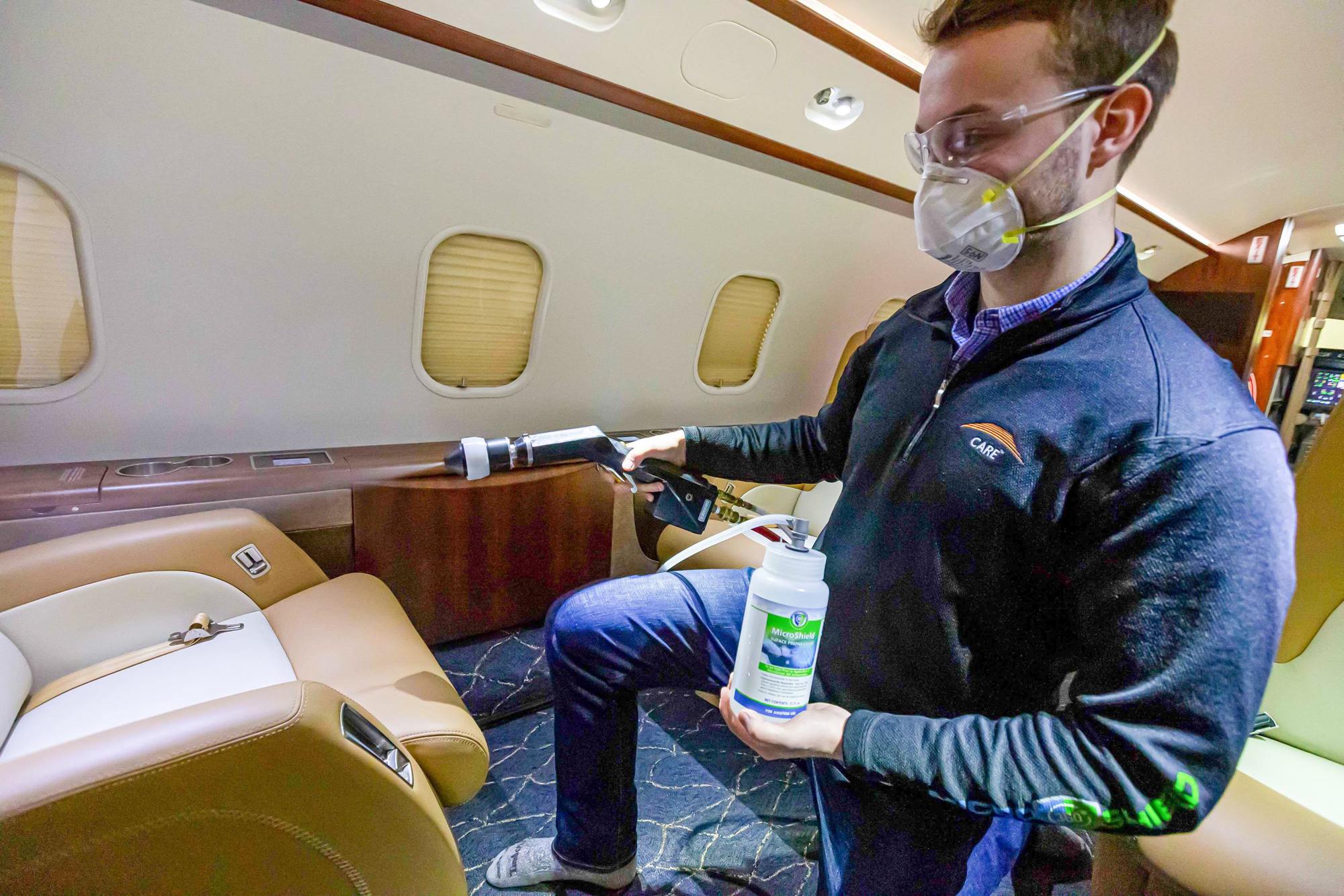 MicroShield 360 is applied inside an airplane. System4 of Northeast Florida uses the product to clean restaurants.