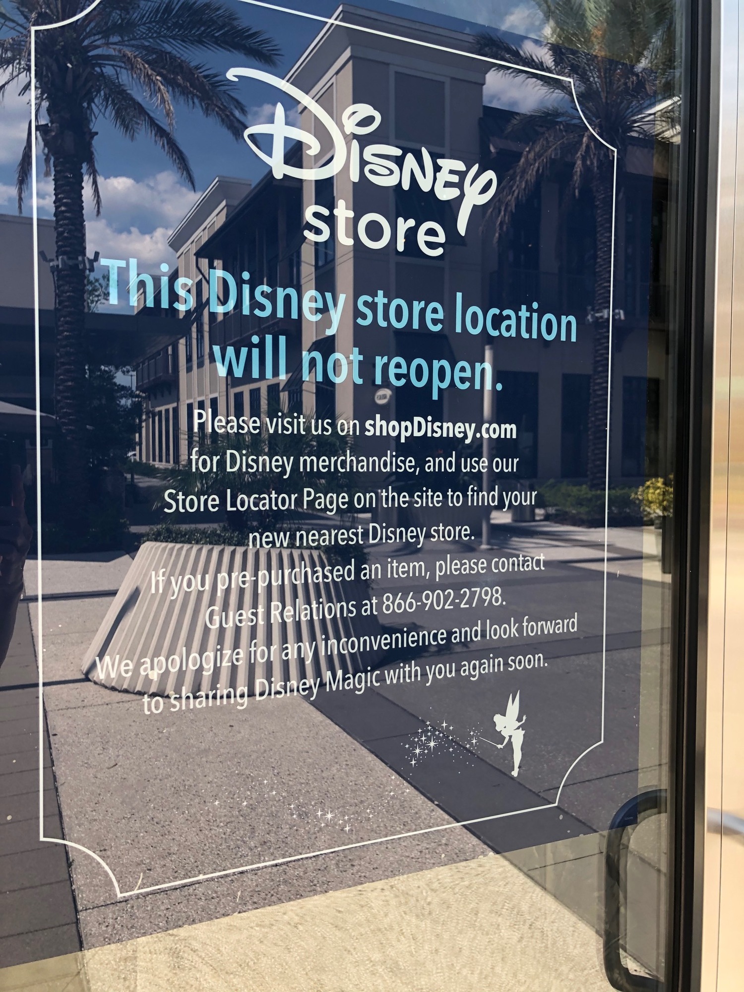 A sign on the Disney store door at St. Johns Town Center says the location will not reopen. It closed in March because of the coronavirus.