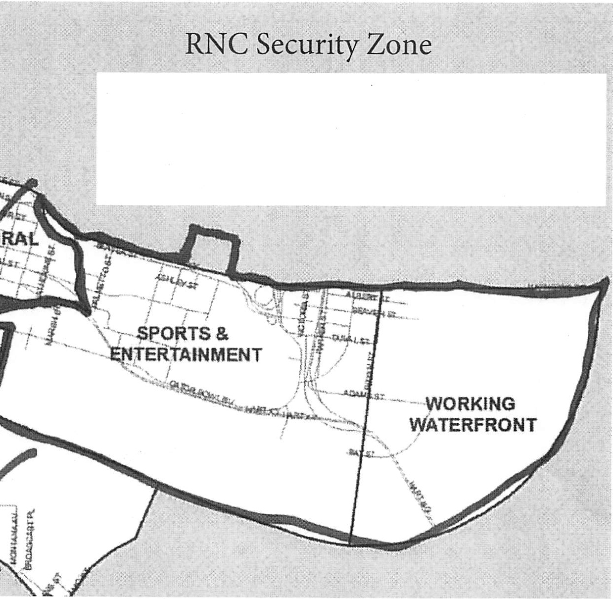 The map of the RNC Security Zone included as an exhibit in the bill seeking Council approval for its creation. The blank area is part of the exhibit.