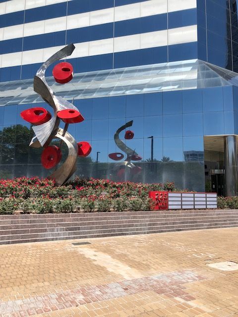 Public art sculpture in front of the building donated by philanthropist Preston Haskell.
