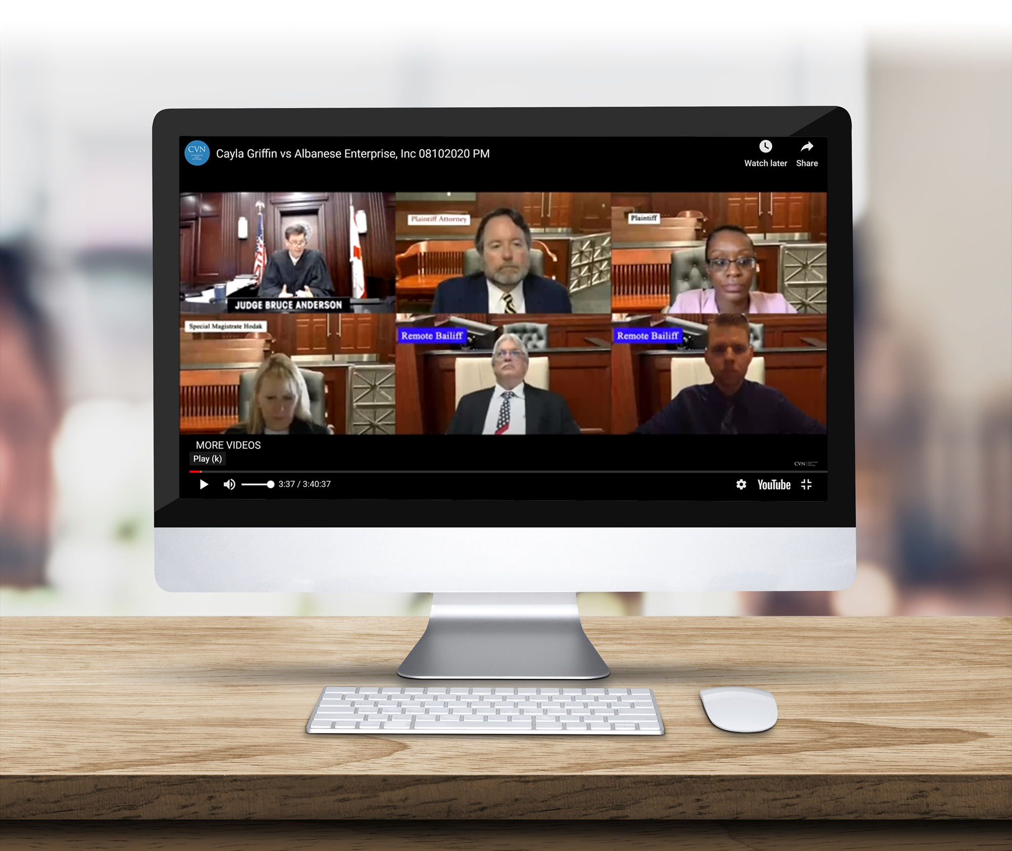 The judge, plaintiff’s attorney, plaintiff, special magistrate and two remote bailiffs take part in the virtual trial. Only the judge is in the Duval County Courthouse, the rest of the backgrounds are simulated.