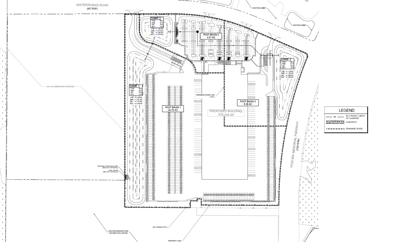 Prosser Inc. filed civil engineering plans with the city for mass grading of Parcel F at Cecil Commerce Center for construction of a distribution warehouse.