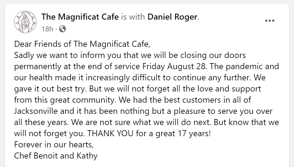 The Facebook post announcing the restaurant's closure.
