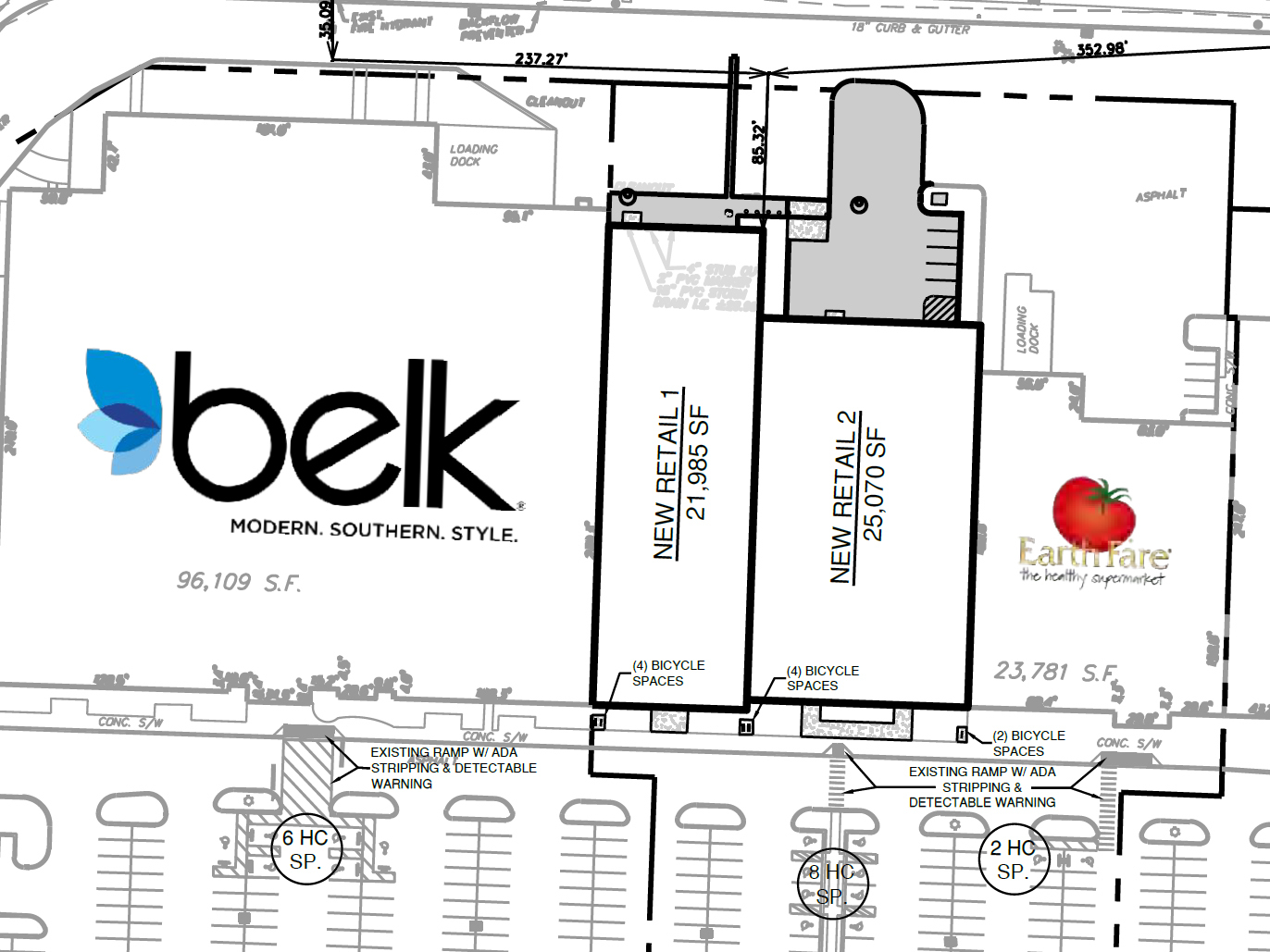 Two new shops are planned between Belk and the former Earth Fare grocery.