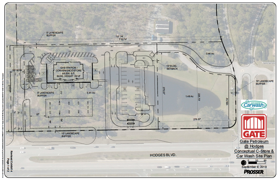 Conceptual plans show a Gate gas station and convenience store and a Gate Express Carwash on the site.