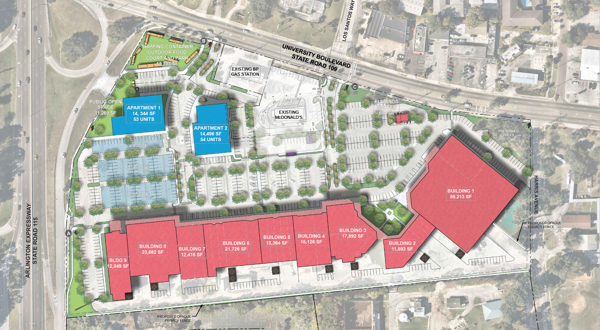 The site plan for College Park shows the existing shopping center buildings in red.