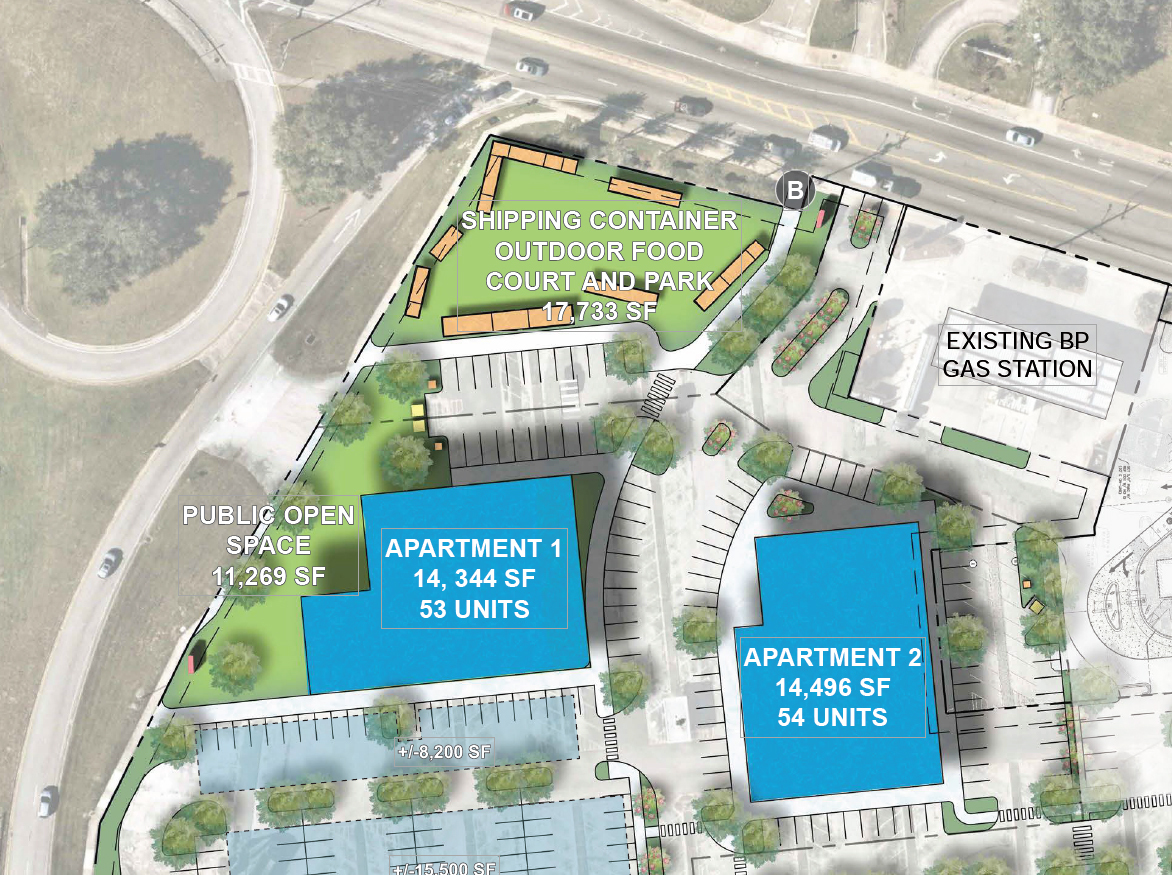 The shipping container outdoor food court and park and apartment buildings are planned for the southwest corner of the College Park shopping center.