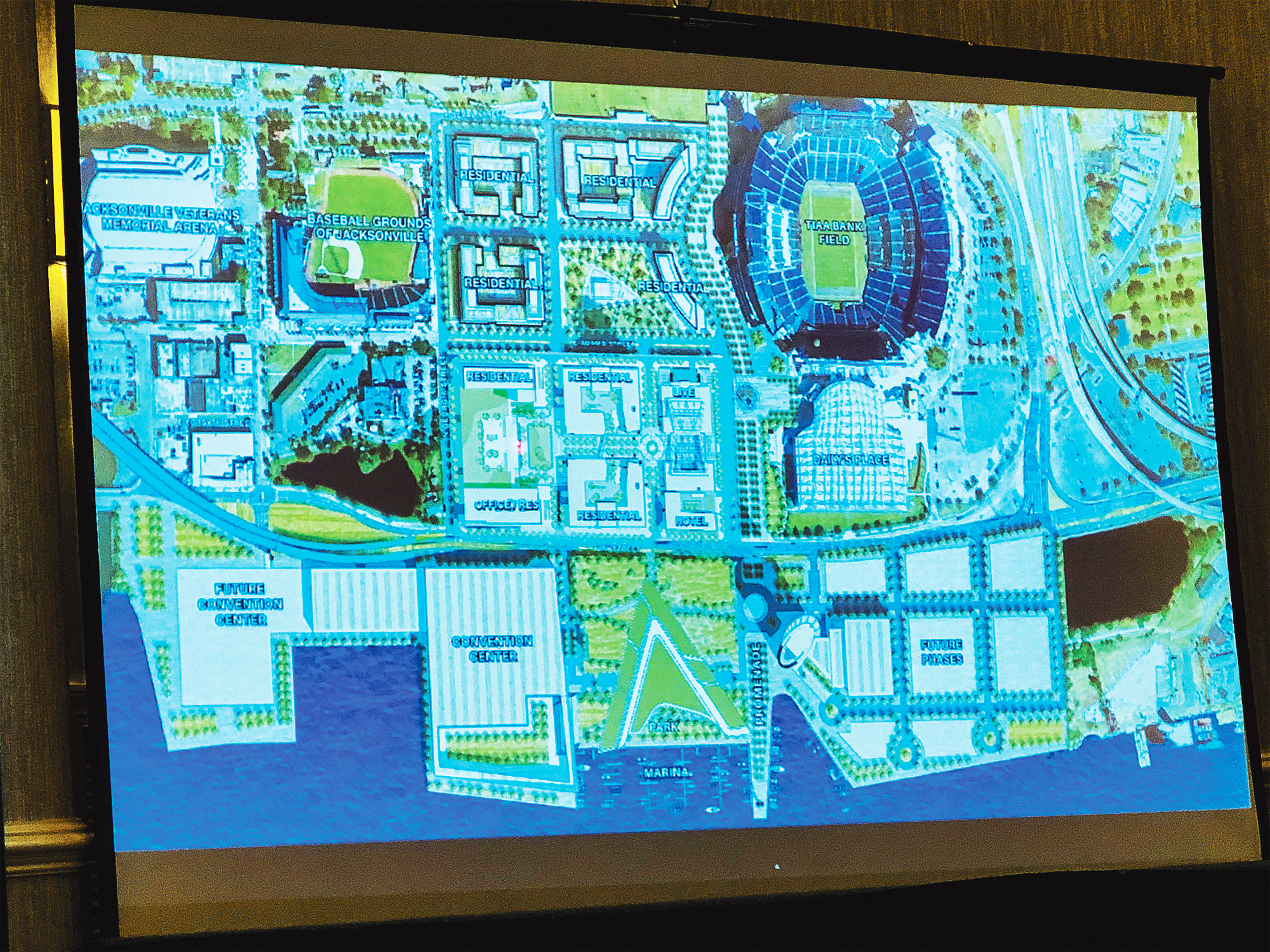 Cordish Companies Chief Operating Officer Zed Smith showed this map of potential development at Metropolitan Park to the Meninak Club of Jacksonville in March. Cordish is working with Iguana on development plans for the area.