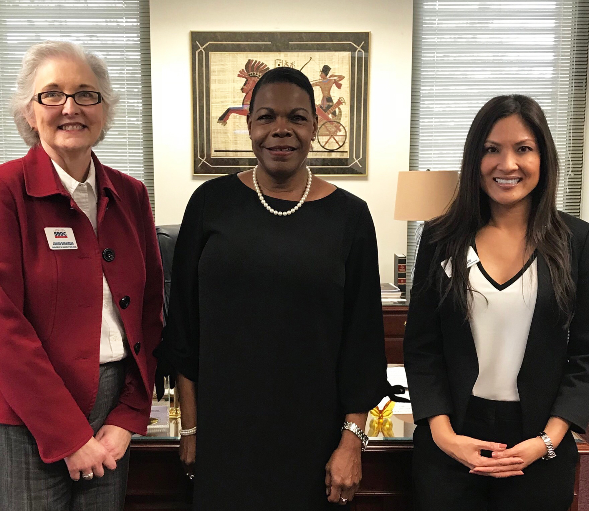 From left, Janice Donaldson, state Sen. Audrey Gibson; and UNF SBDC Marketing Director Marice Hague. Donaldson visits lawmakers in Tallahassee each year before the legislative session to lobby for their continued support.