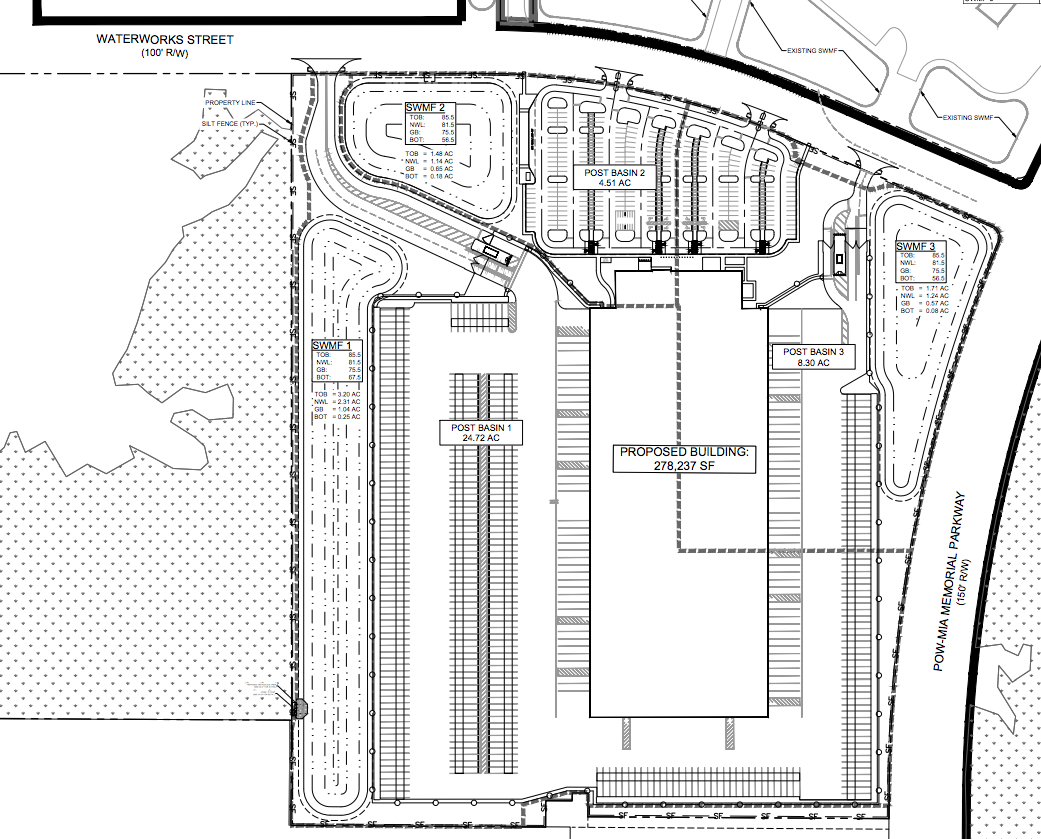 Parcel F site plan for a 278,237-square-foot distribution warehouse at AllianceFlorida at Cecil Commerce Center.