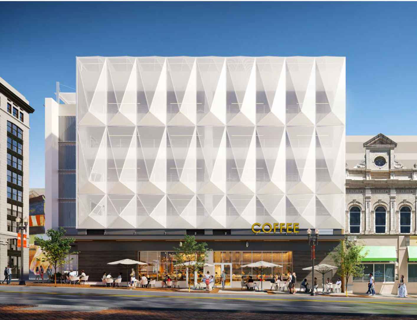A fabric facade is planned on the VyStar parking garage along Laura Street.
