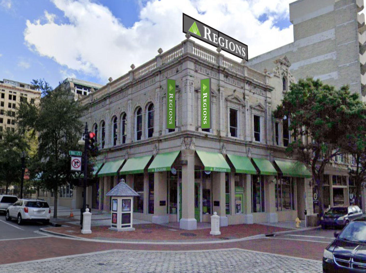 The proposed rooftop Regions Bank sign is made of mesh.