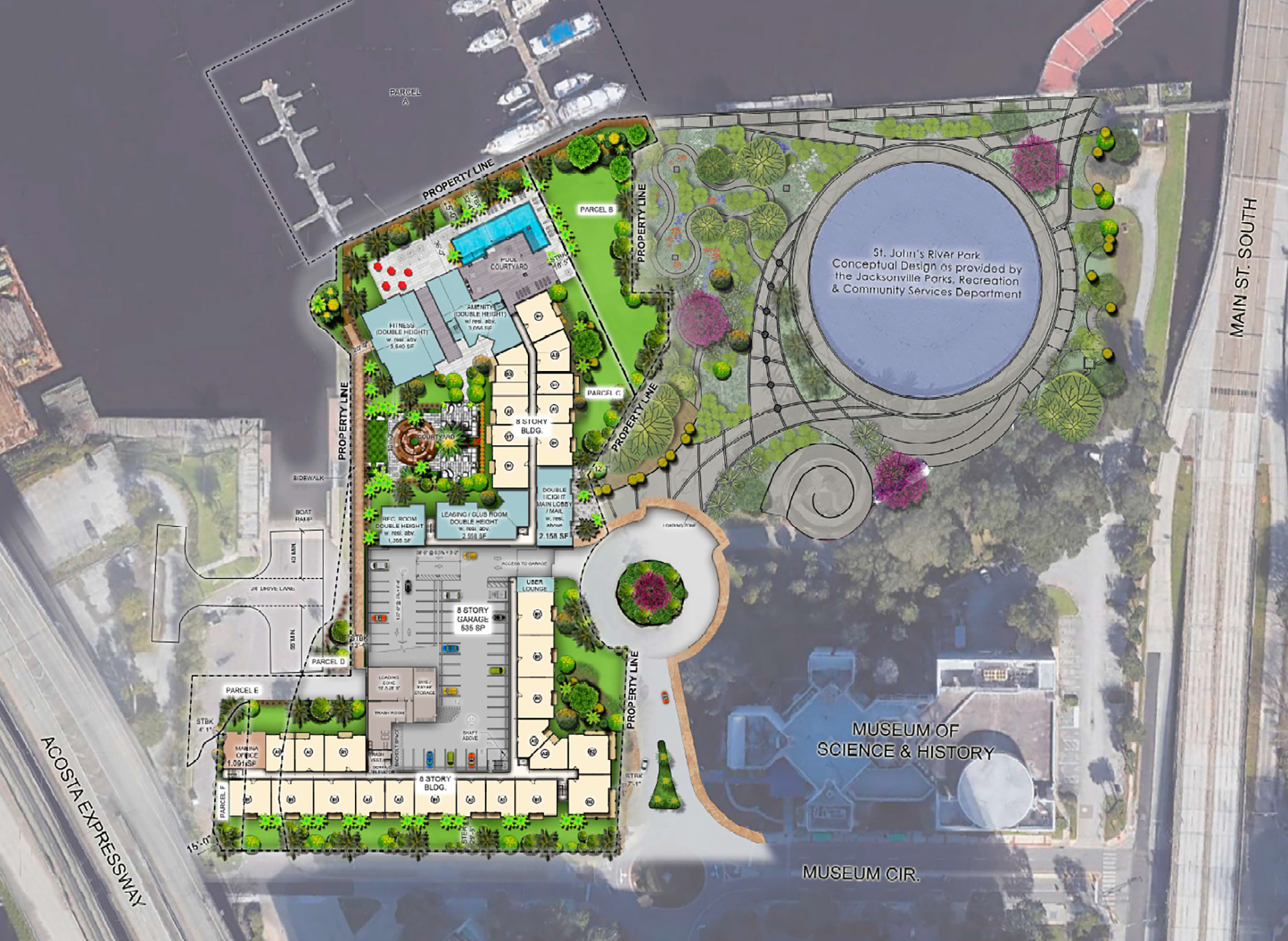 The site plan for the apartments, park and riverwalk improvements at the River City Brewing Co. site.