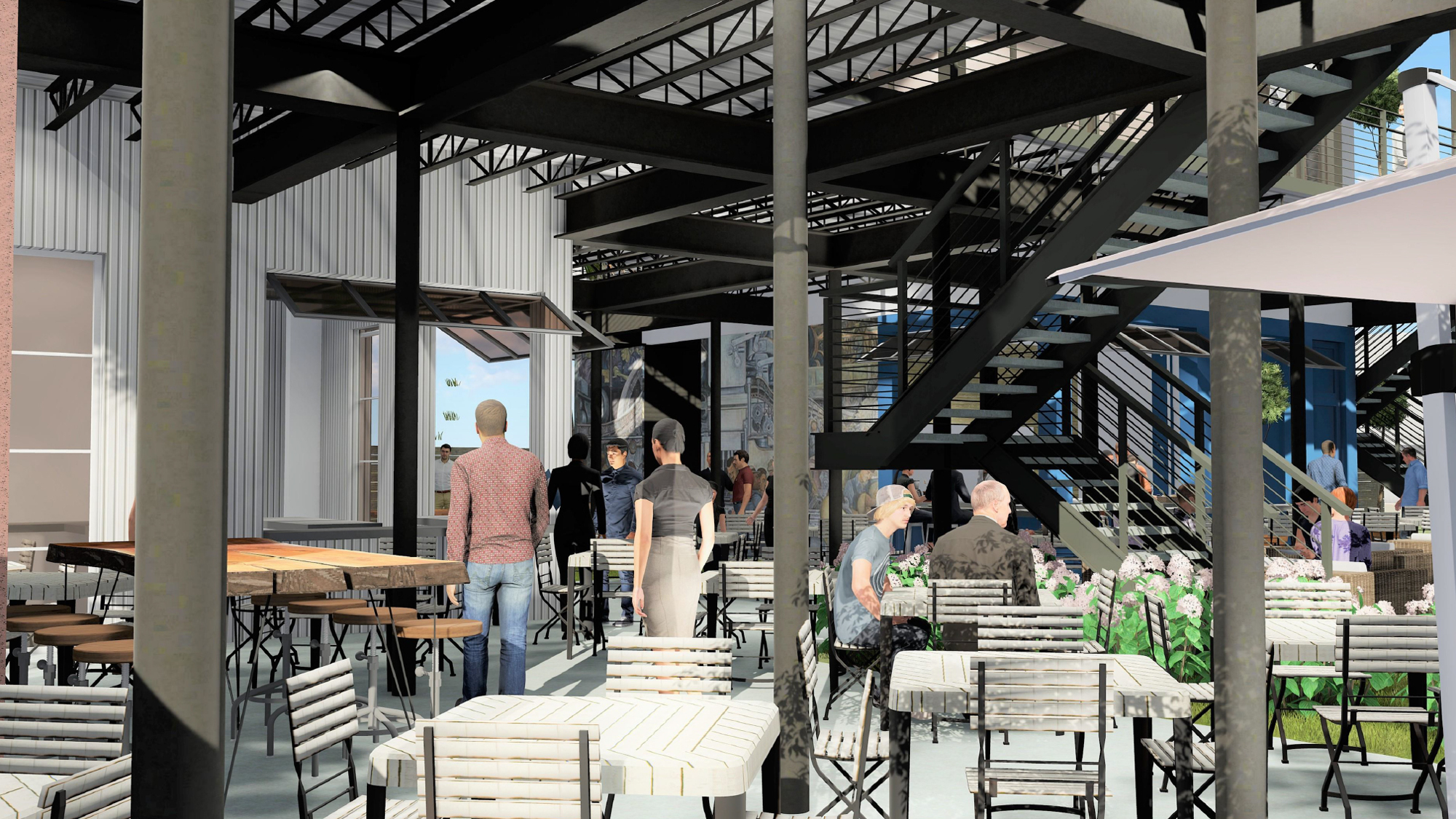 Plans show 2,593 square feet of outdoor dining and gathering space.