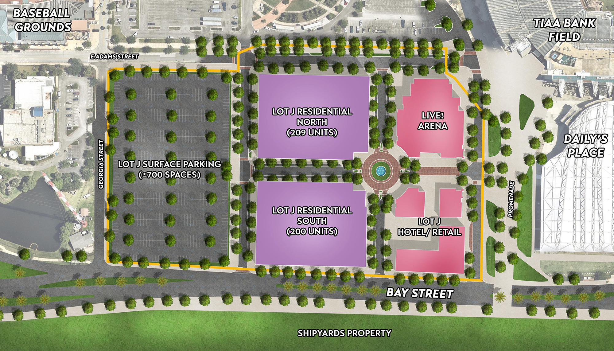 A map of the Lot J development west of TIAA Bank Field.