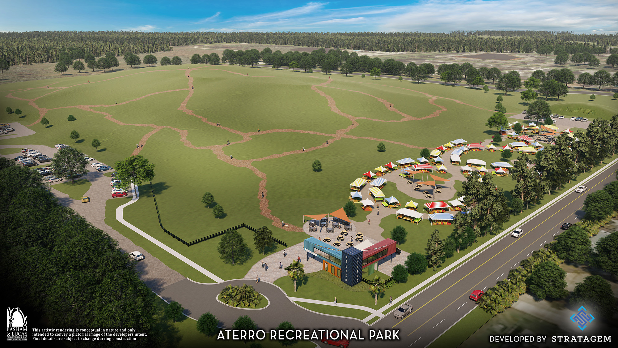 An aerial rendering of the Aterro multiuse recreational park.