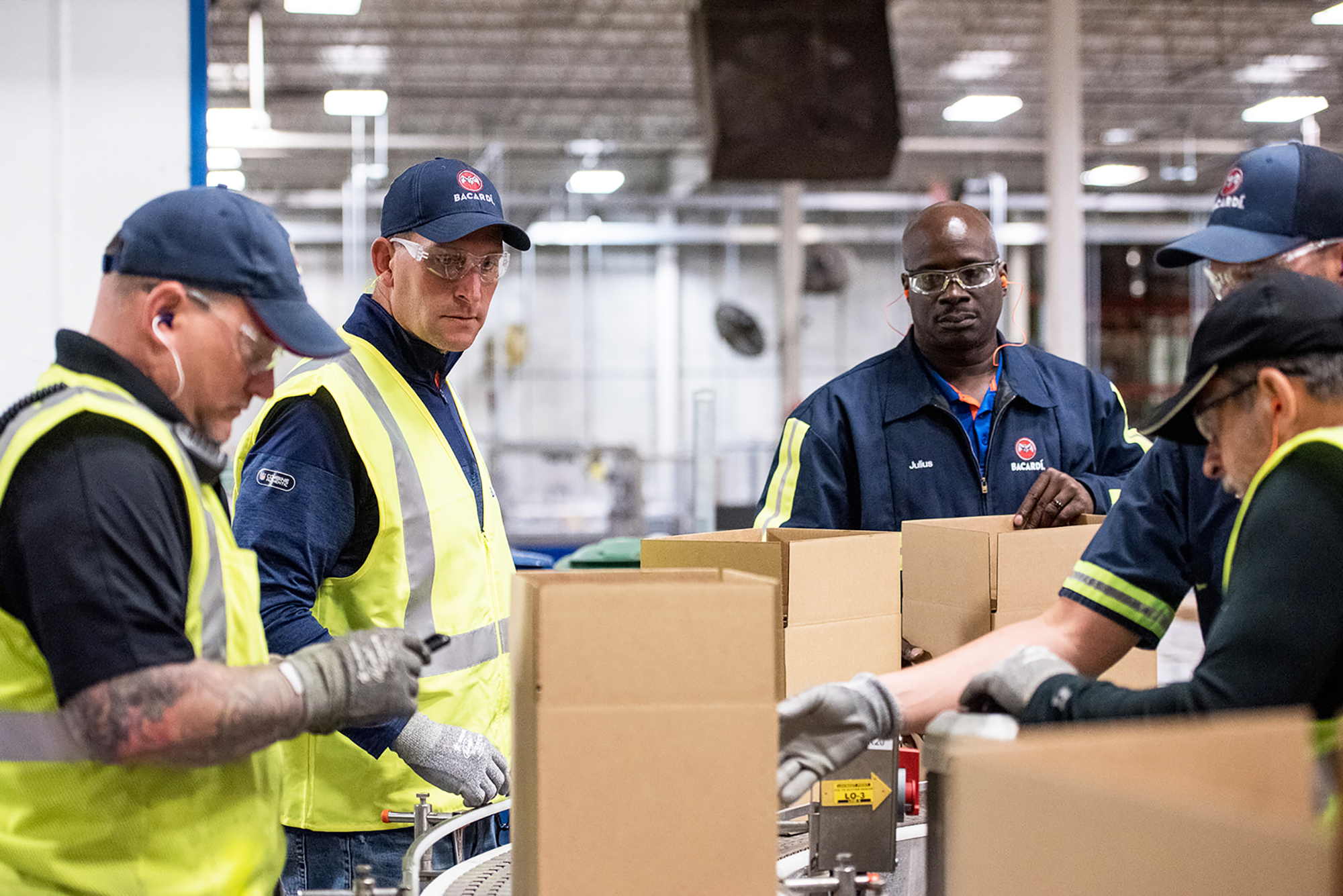 Darrin Mueller, second from left, leads 200 workers at the Jacksonville Bacardi plant. (Provided by Bacardi)