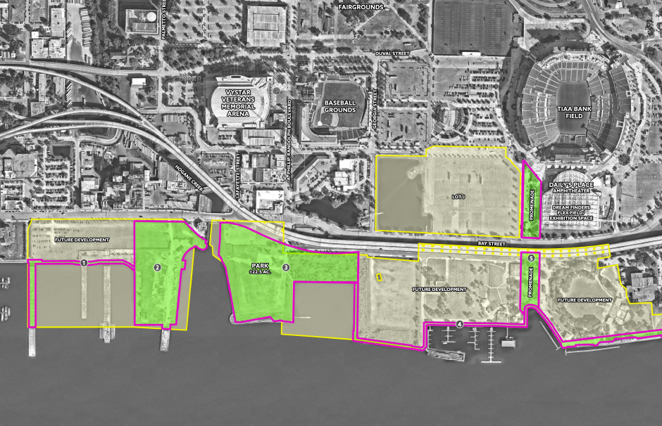 The mouth of Hogans Creek is bordered to the east and west by parkland in an aerial site plan that Iguana Investments provided to City Council in July.