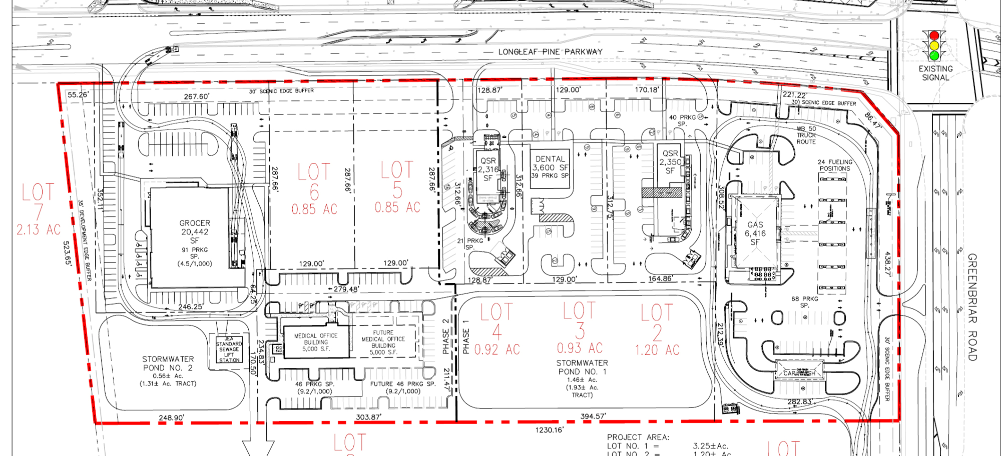 A preliminary site plan for a development  at Longleaf Pine Parkway and Greenbriar Road.