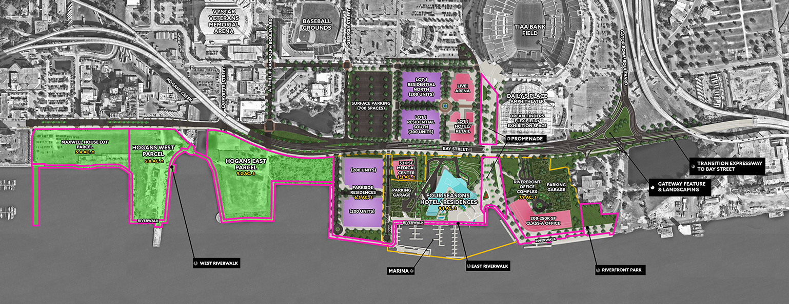 A map of the Four Seasons and Lot J development sites.