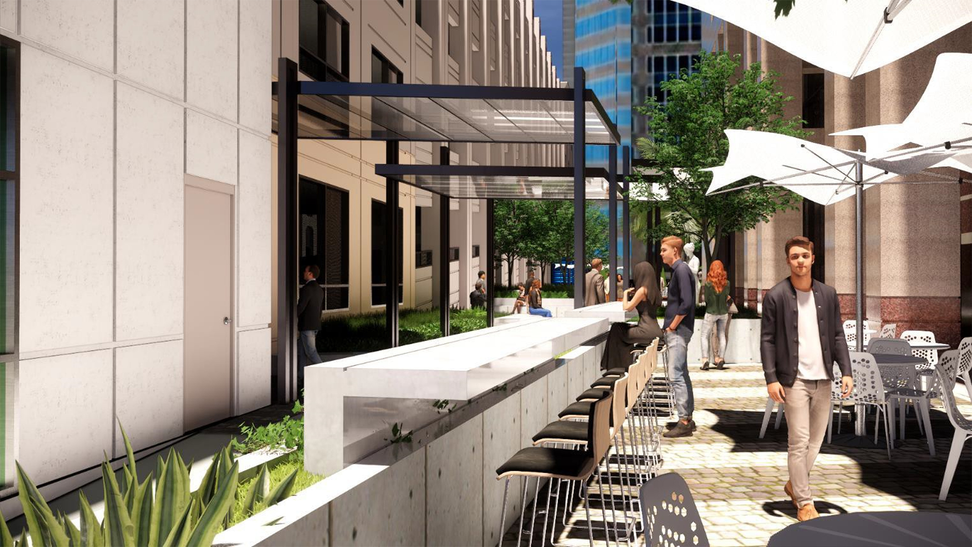 The breezeway will feature planters, sidewalk, hardscape space and an outdoor seating area.