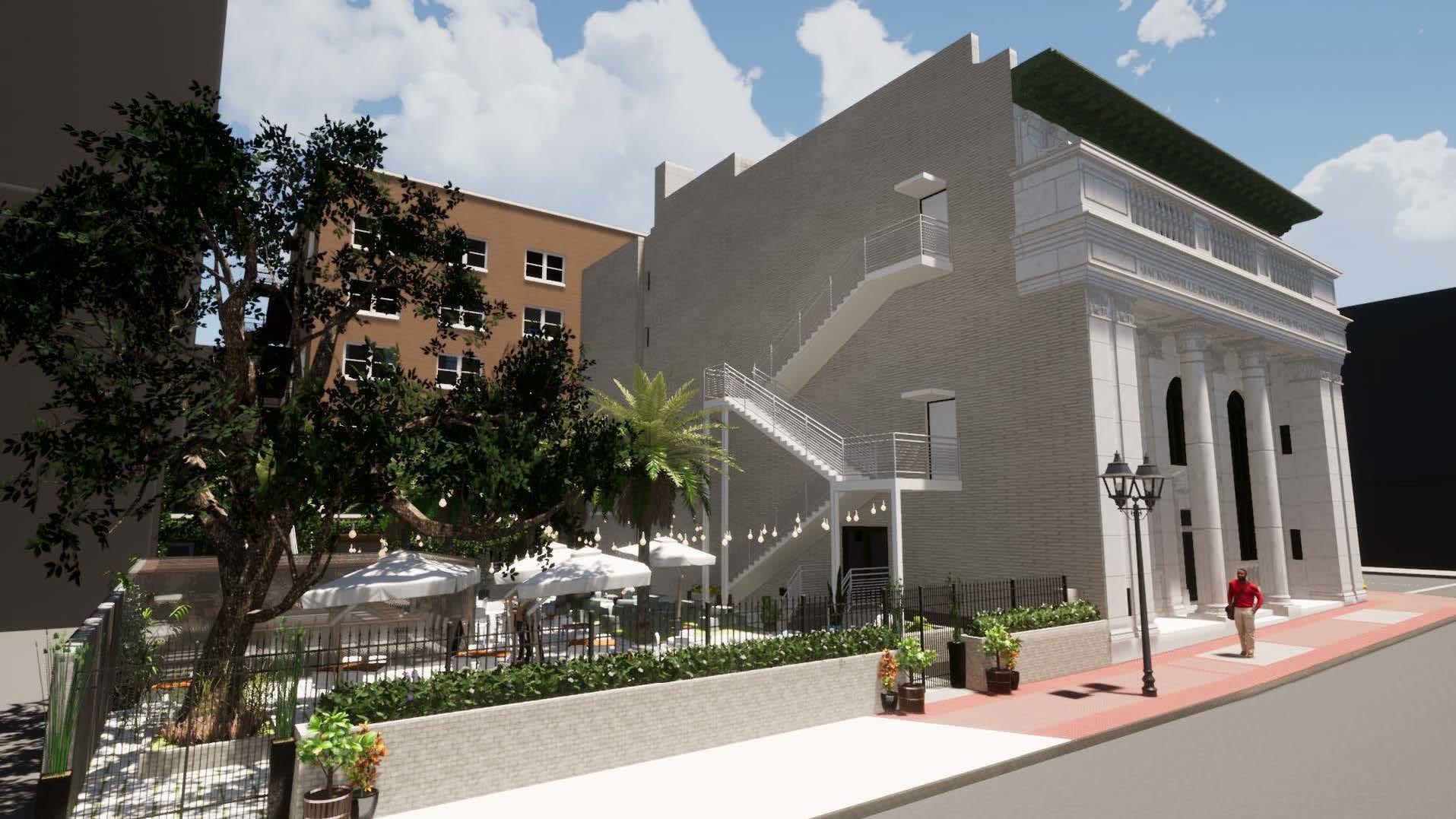 The redevelopment plans include an exterior courtyard for outdoor dining.