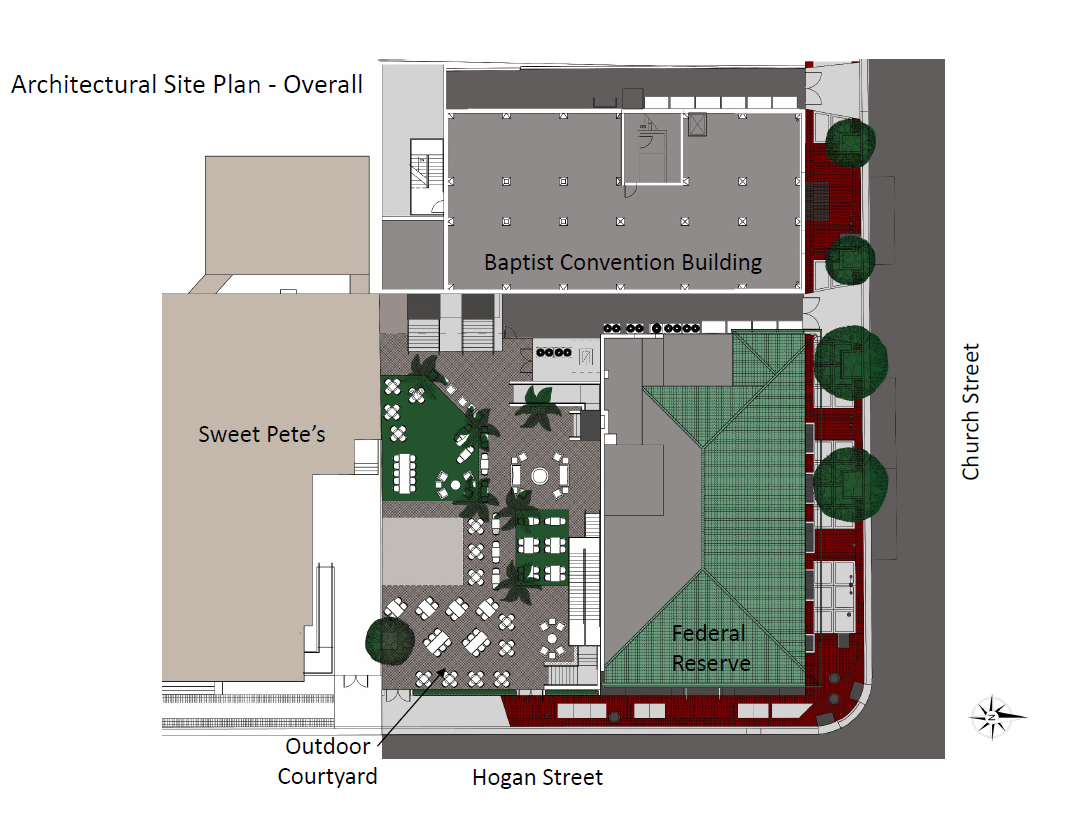 The parking lot between the Federal Reserve and Seminole buildings is proposed as an outdoor courtyard dining space shared by the three properties.