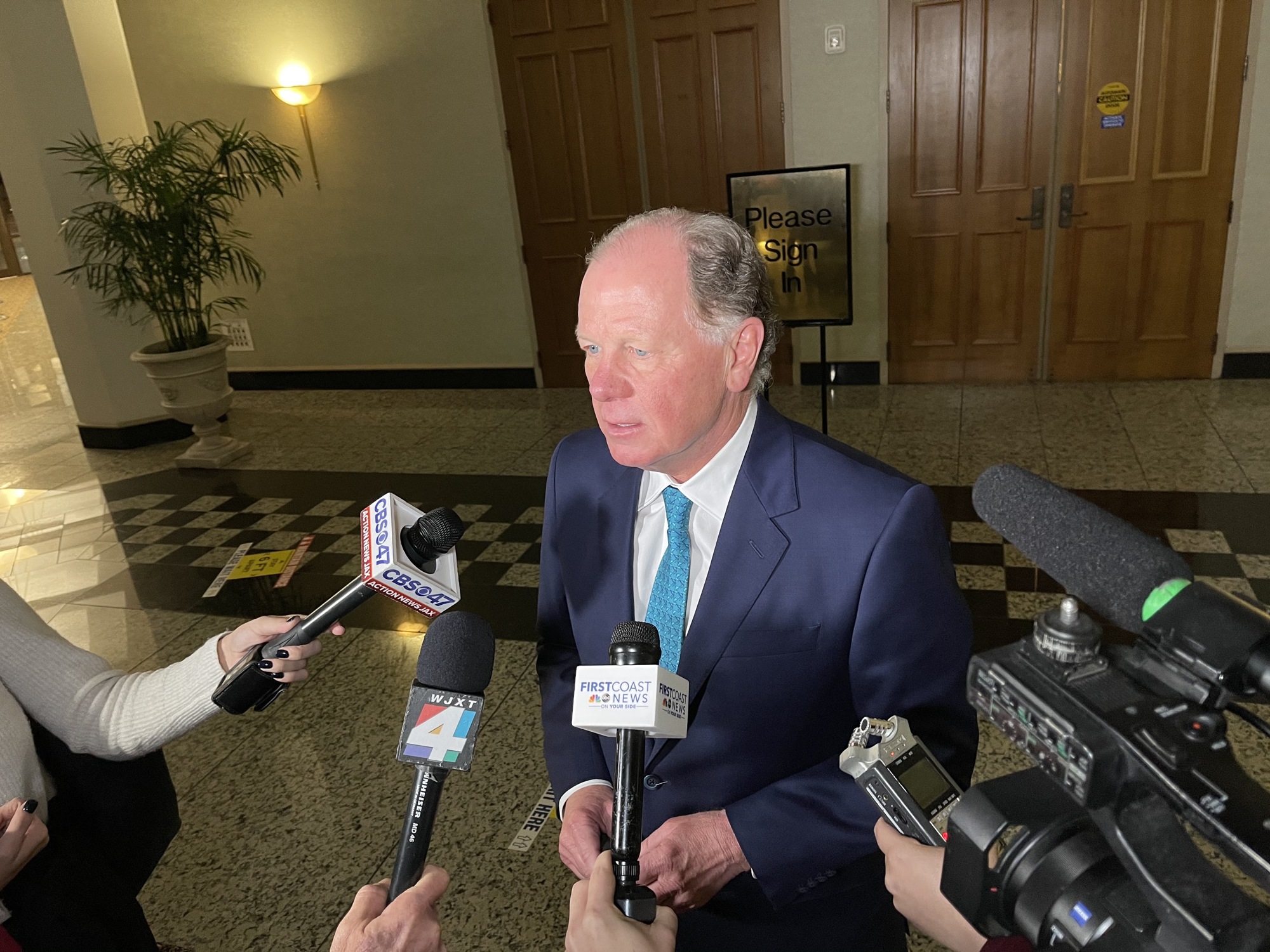 Jacksonville Jaguars President Mark Lamping speaks with reporters after the City Council rejected financial incentives for the mixed-use Lot J development west of TIAA Bank Field.