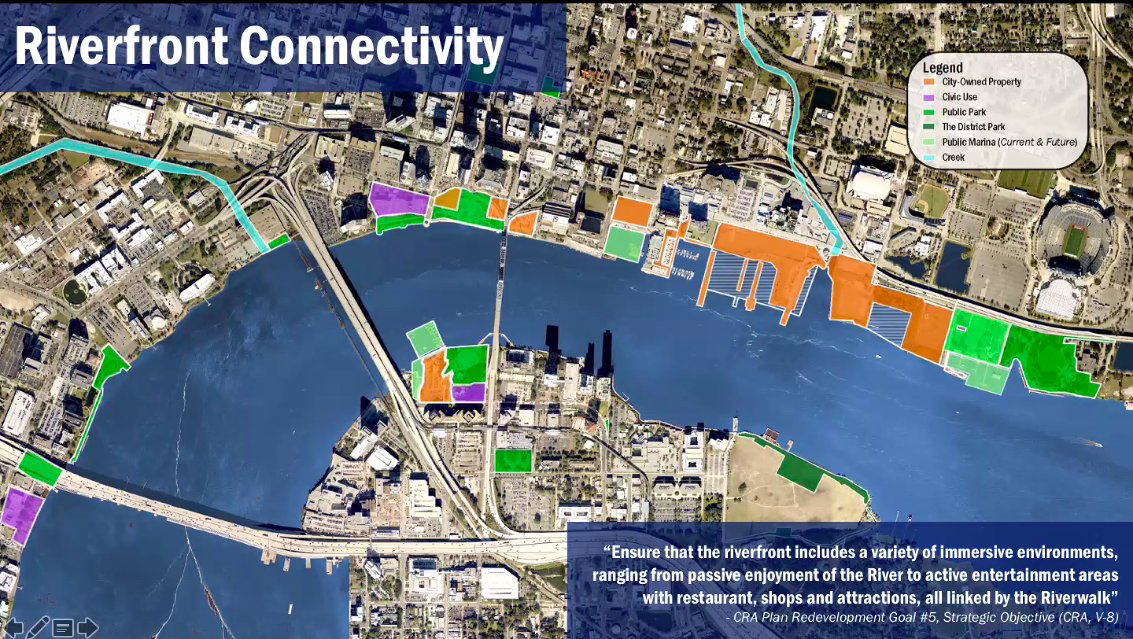 A slide from the presentation shows how the riverfront areas are connected.