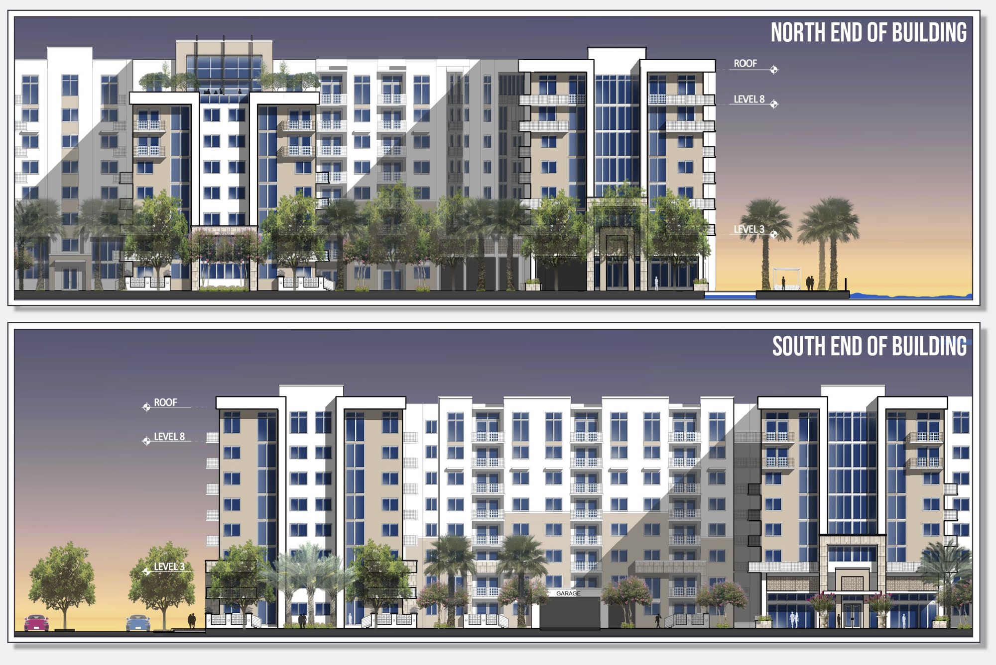 The north and south ends of the apartment community.