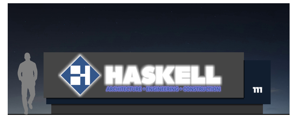 The illuminated Haskell sign.