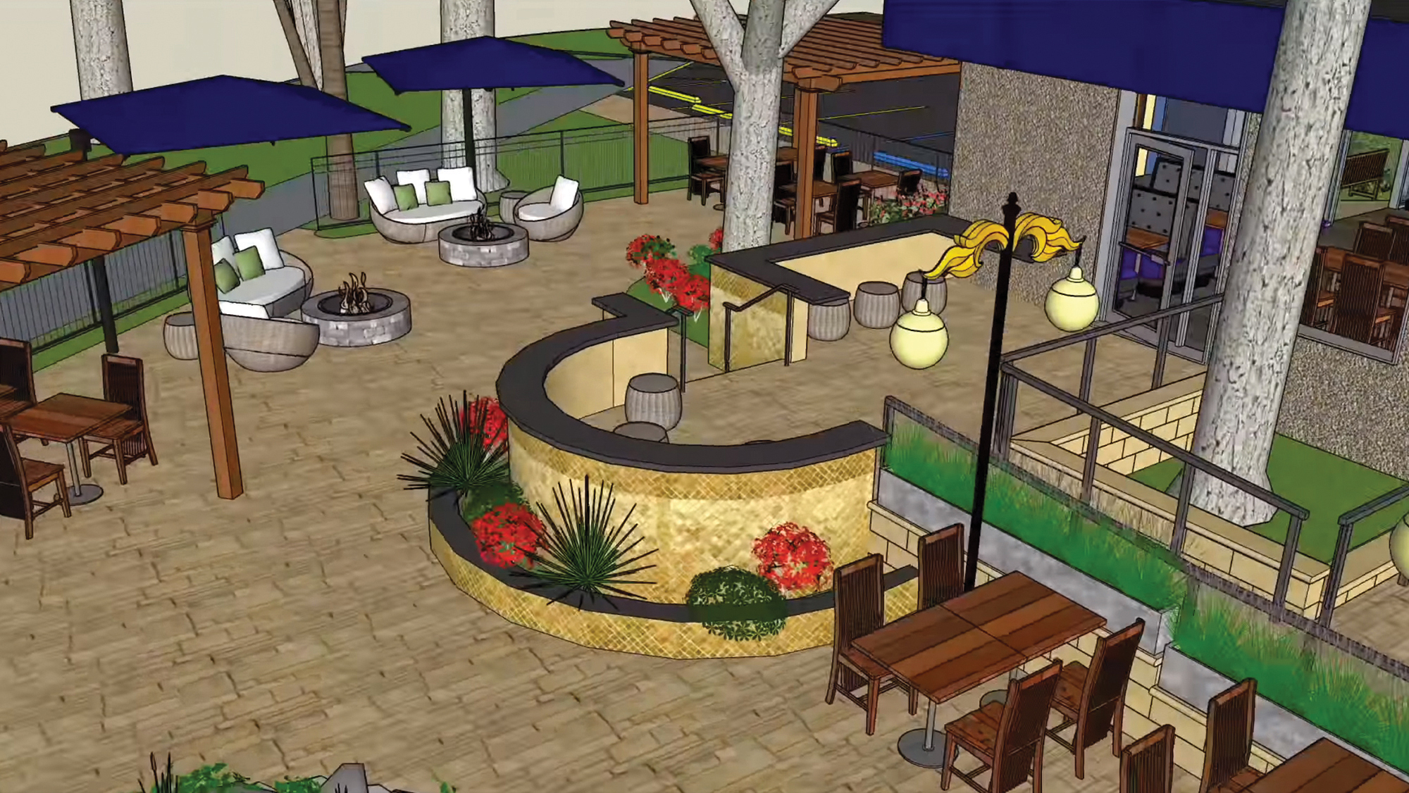 The Riverside Blue Orchid includes an outdoor patio area.