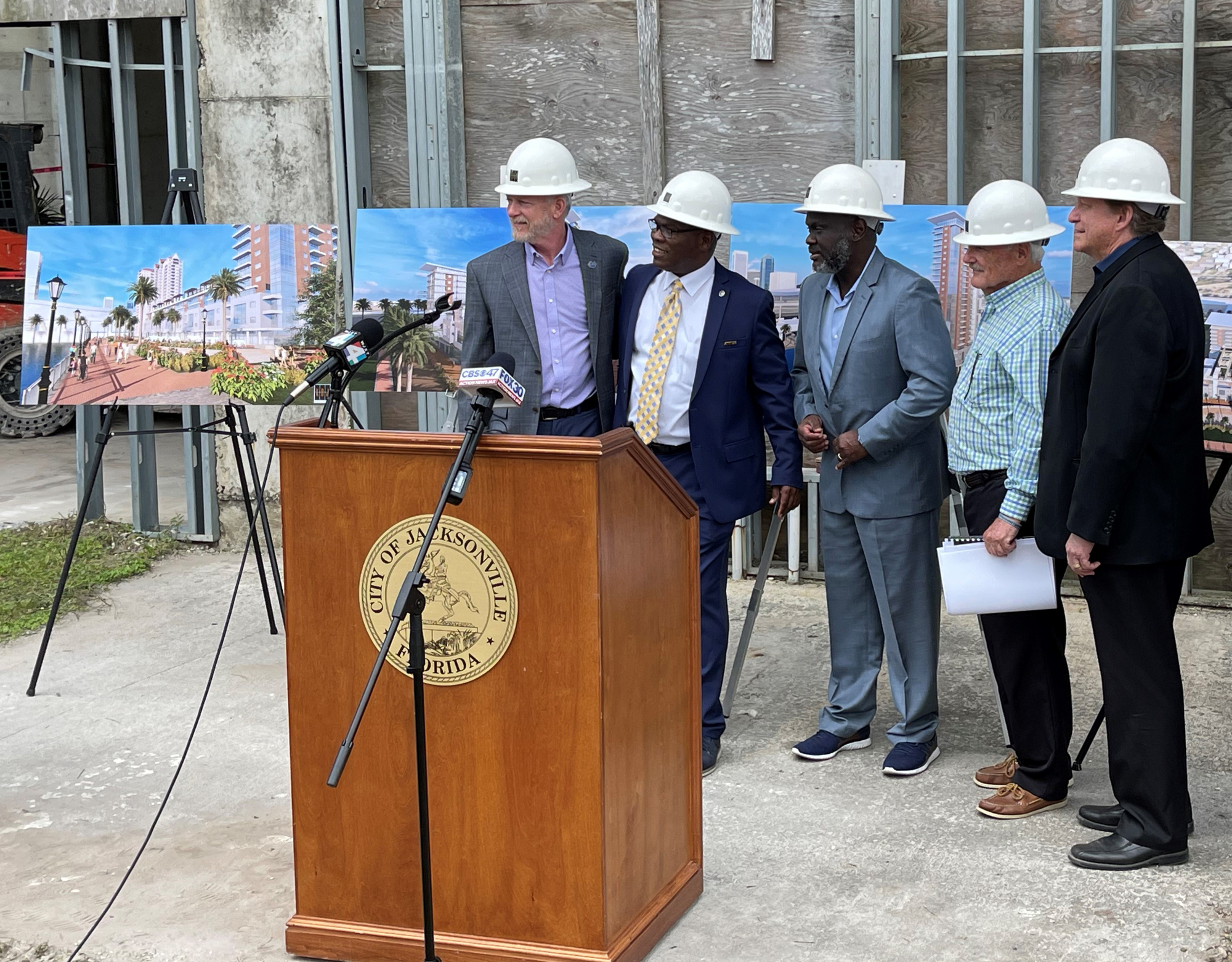 From left, City Council members Aaron Bowman and Reggie Gaffney; Council Vice President Sam Newby; Jacksonville Riverfront Revitalization co-manager Park Beeler; and KBJ Architects owner Tom Rensing.