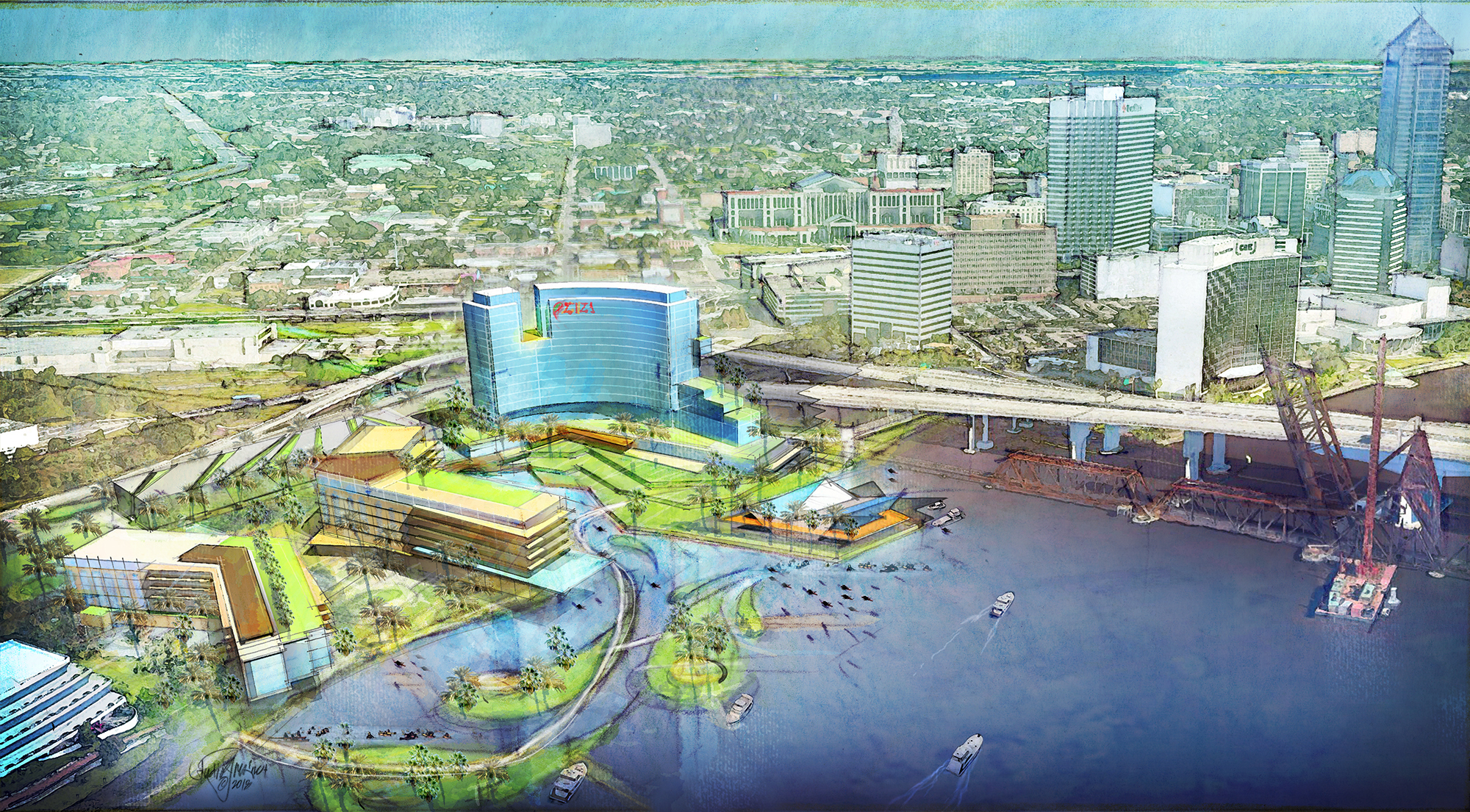 Outdated renderings from the Morris family show a potential look after the creek is uncovered.