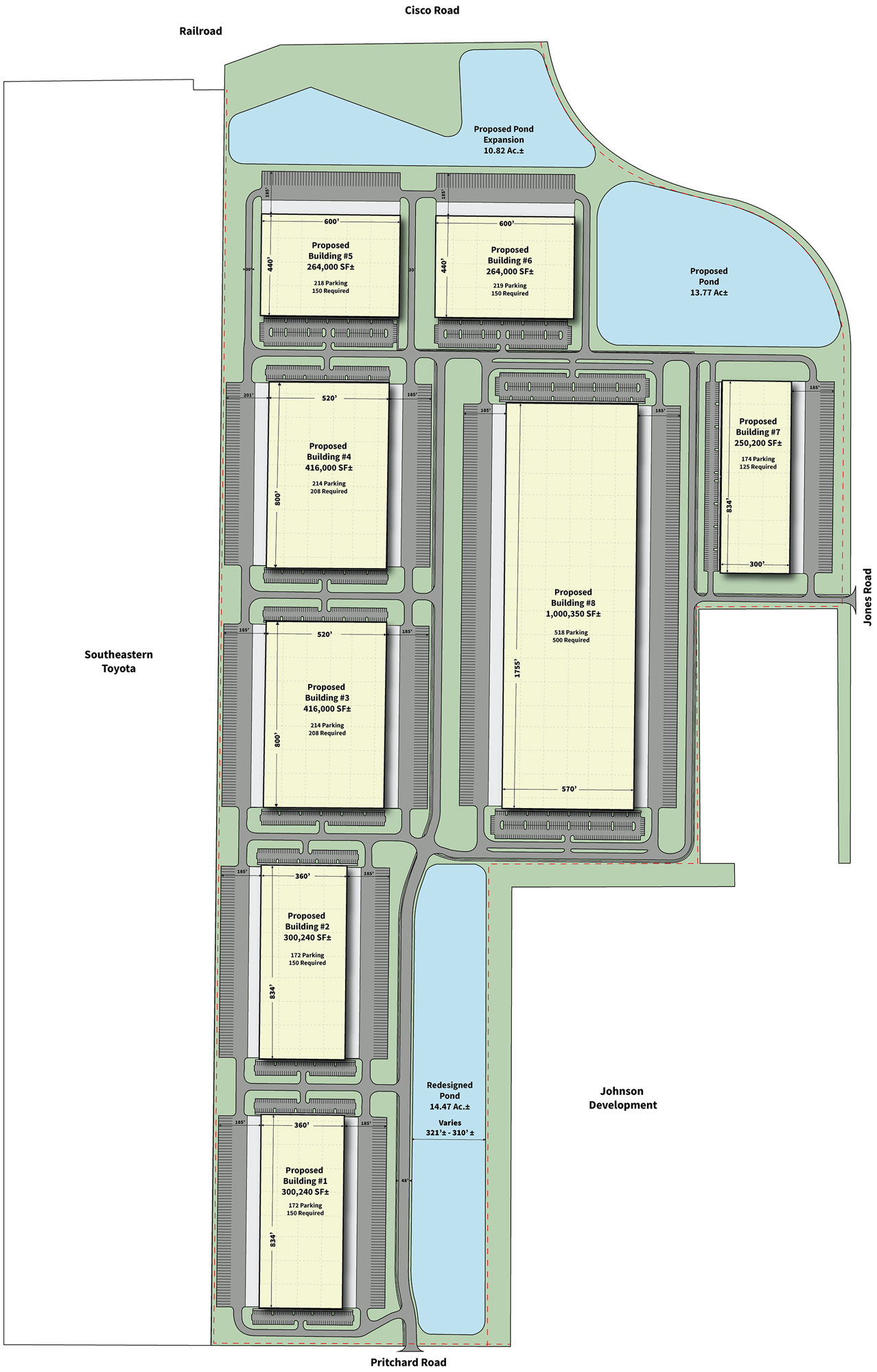A site plan for Florida Gateway Logistics Park shows eight buildings totaling 3.2 million square-foot.